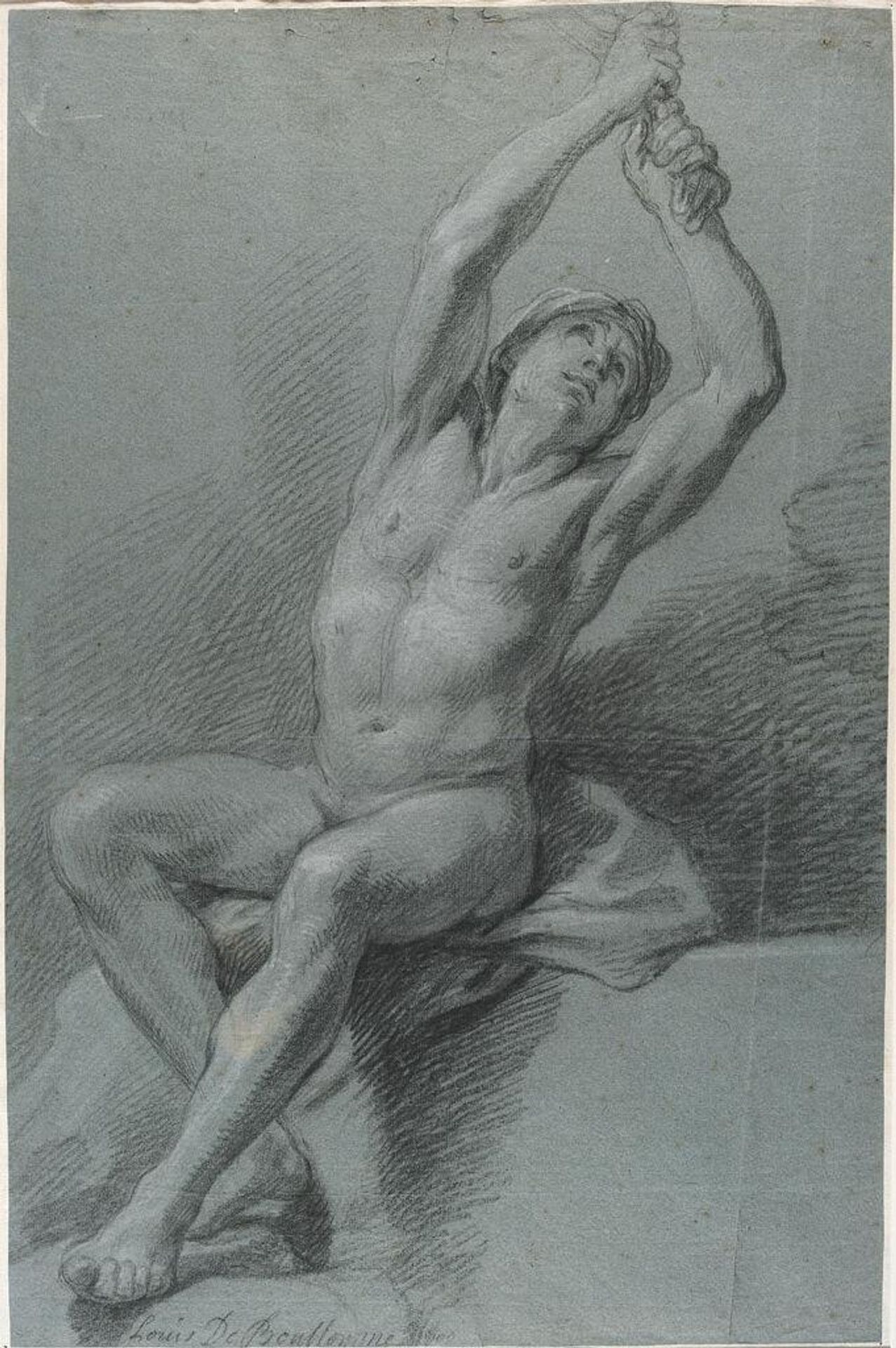 Seated Male Nude with Raised Arms by Louis de Boullogne the Younger