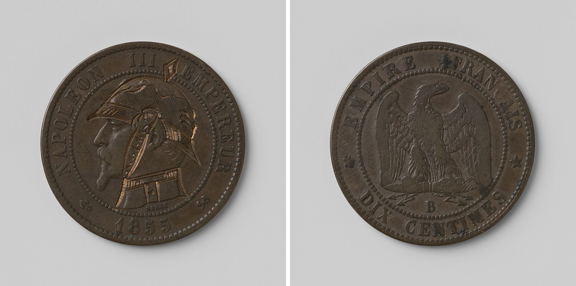 Napoleon III Bonaparte, keizer der Fransen, spotpenning vervaardigd uit munt van tien centimes by Jean-Jacques Barre