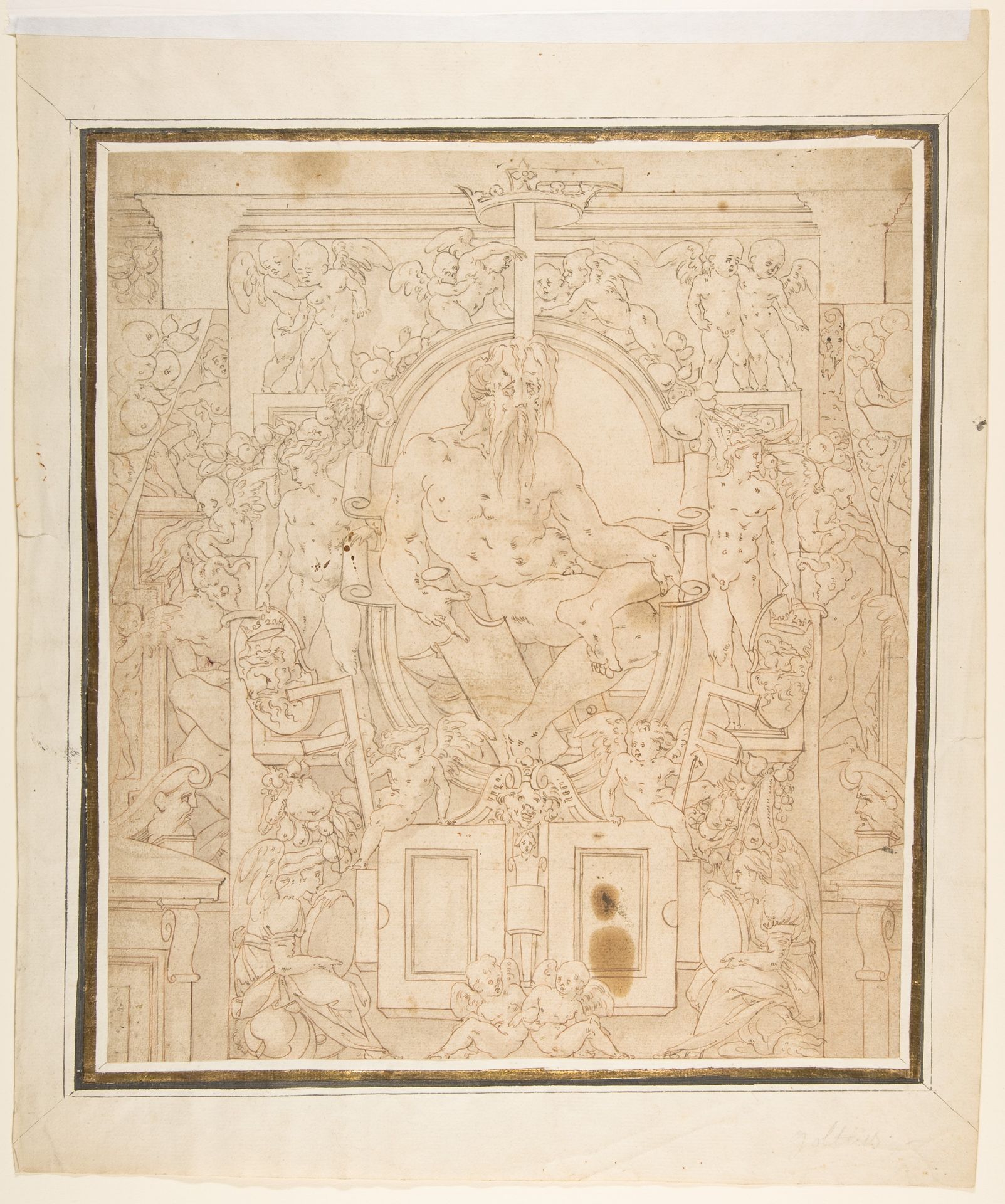 Design for a Wall Decoration with a River God and Putti carrying the Symbols of King François I by Anonymous