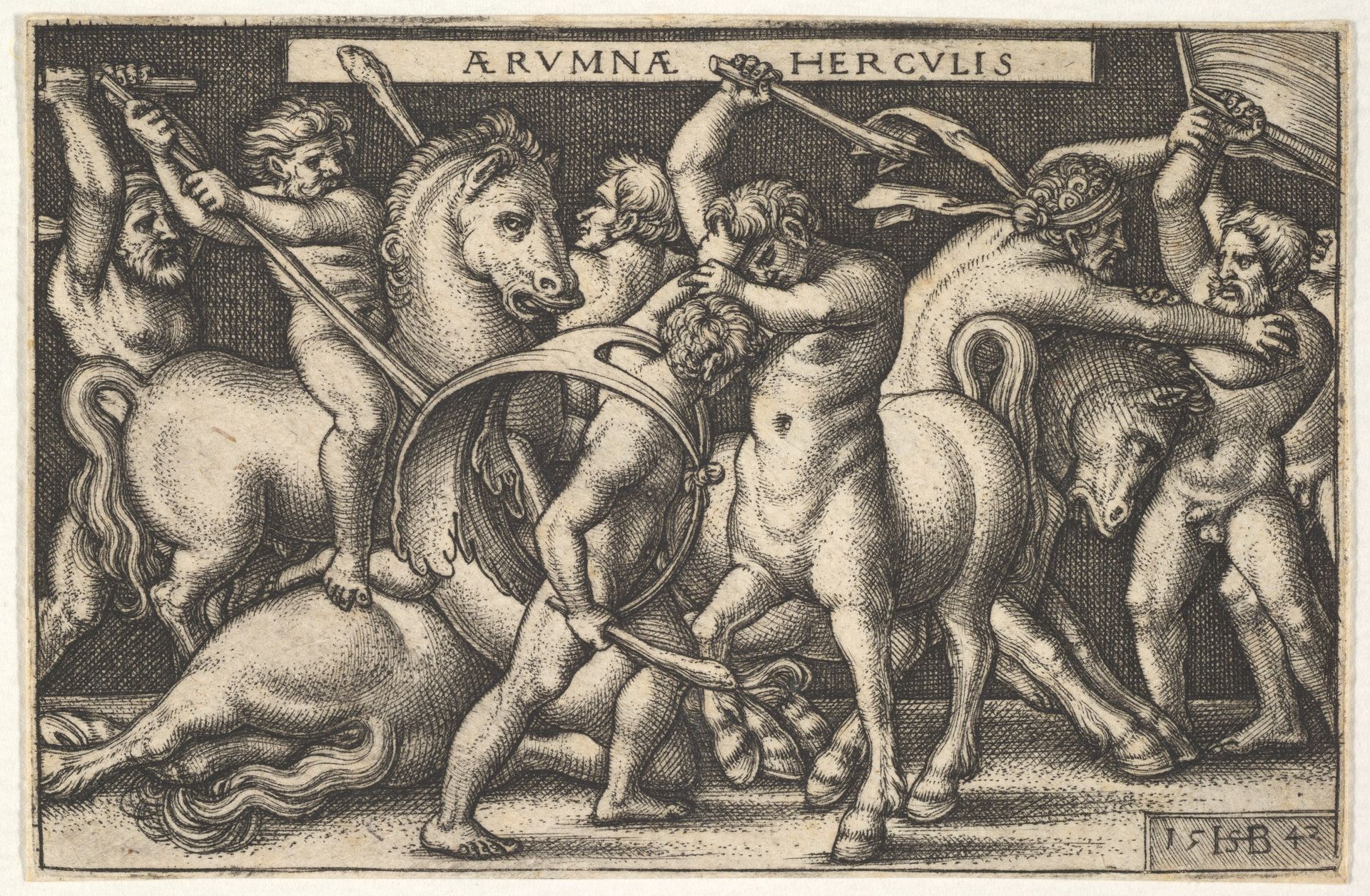 Hercules with his club in center fighting a centaur, other men fighting centaurs to left and right, from 'The labors of Hercules' by Sebald Beham