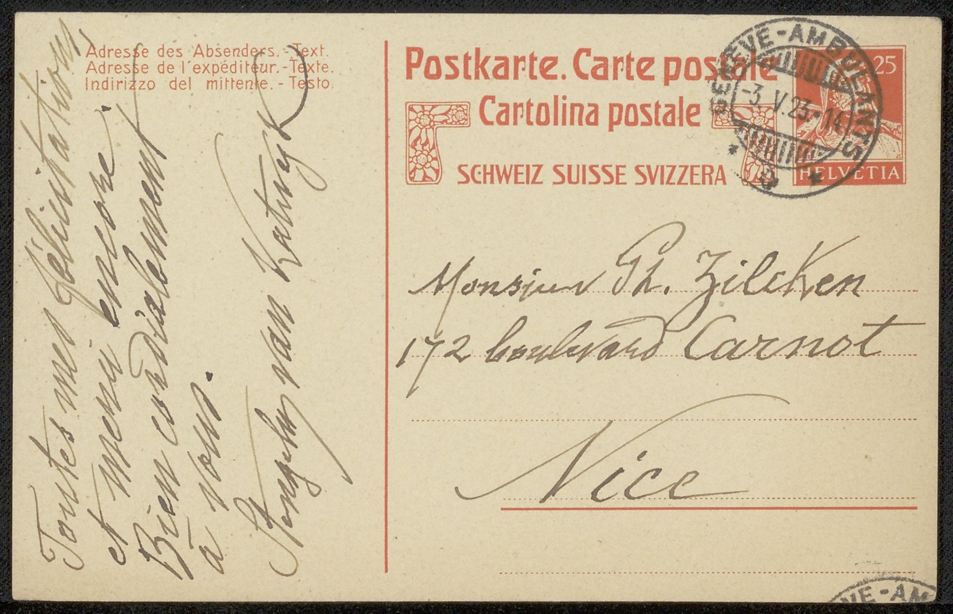 Briefkaart aan Philip Zilcken by Alphonse Stengelin