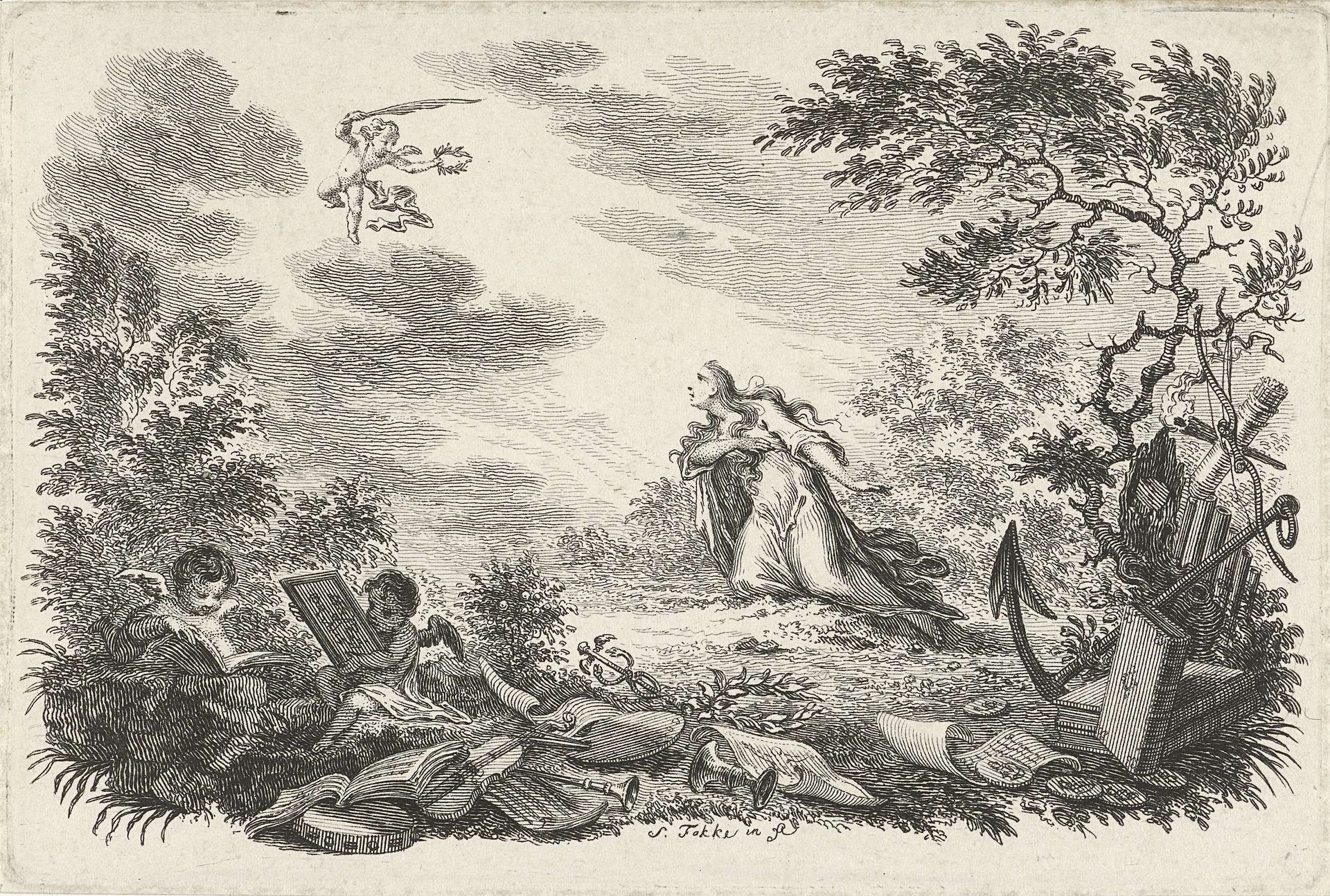 Landschap met geknielde vrouw en putti by Simon Fokke