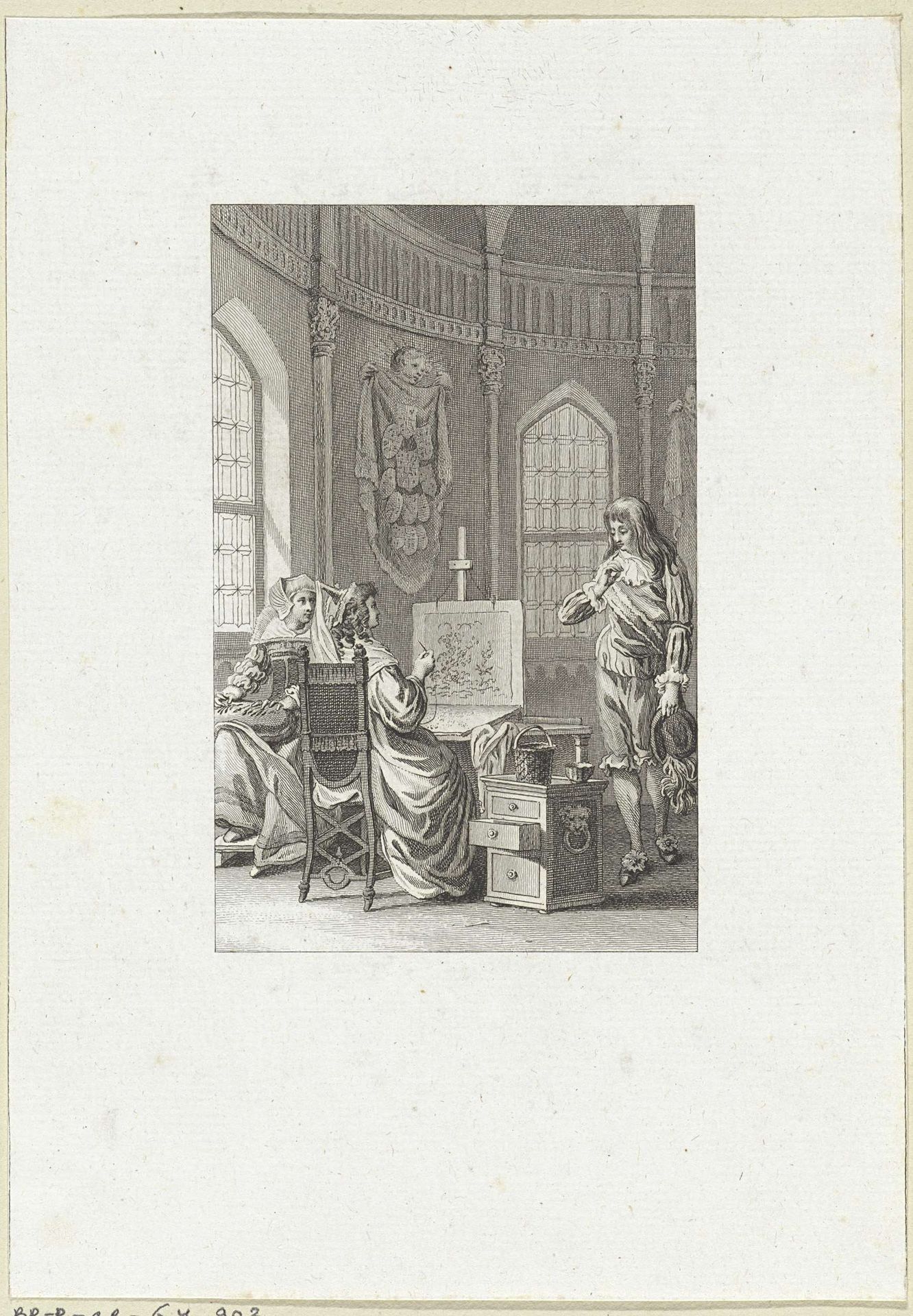 Twee handwerkende dames in gesprek met een heer by Reinier Vinkeles
