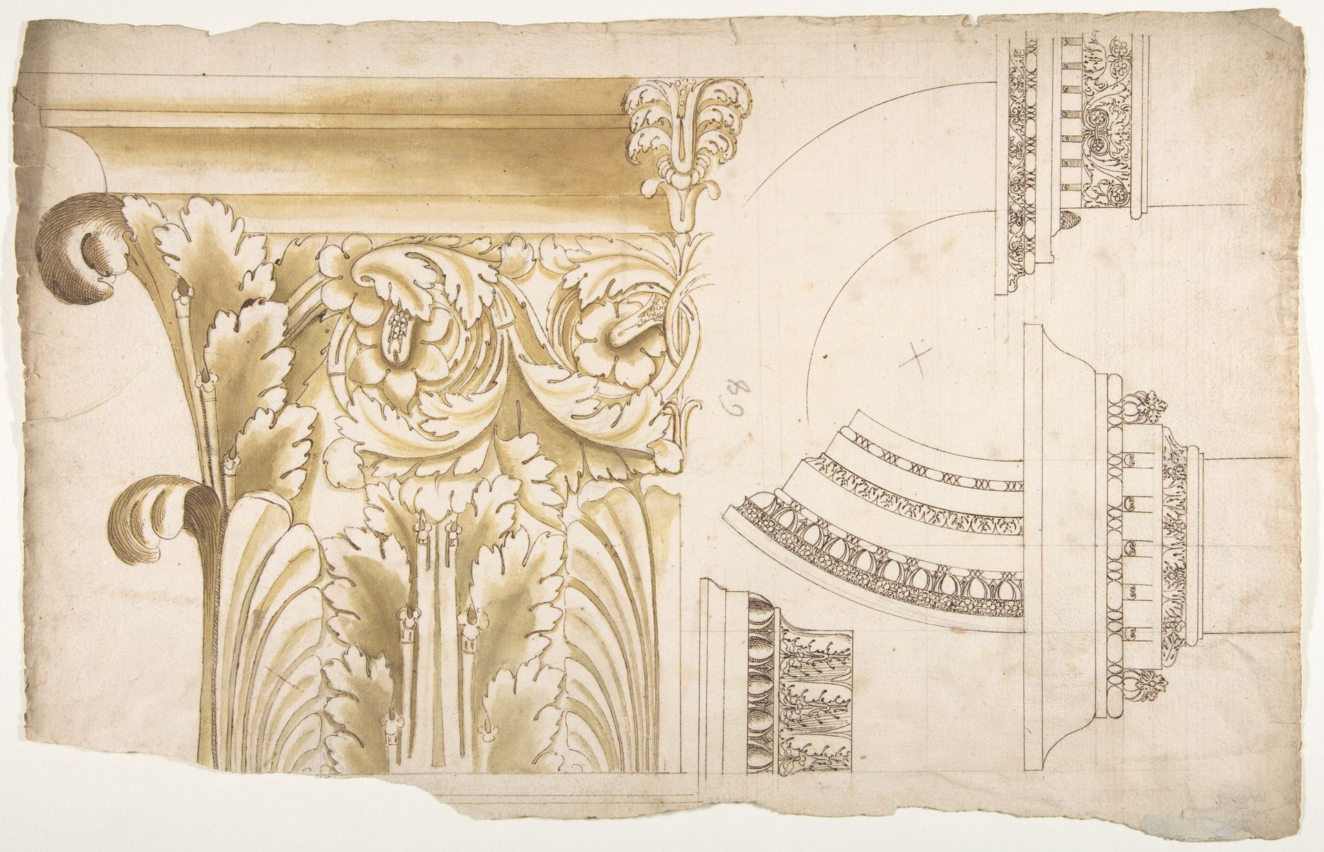 Arch of Septimius Severus, pilaster capital, elevation; impost and arch elevation; detail (recto) blank (verso) by Anonymous