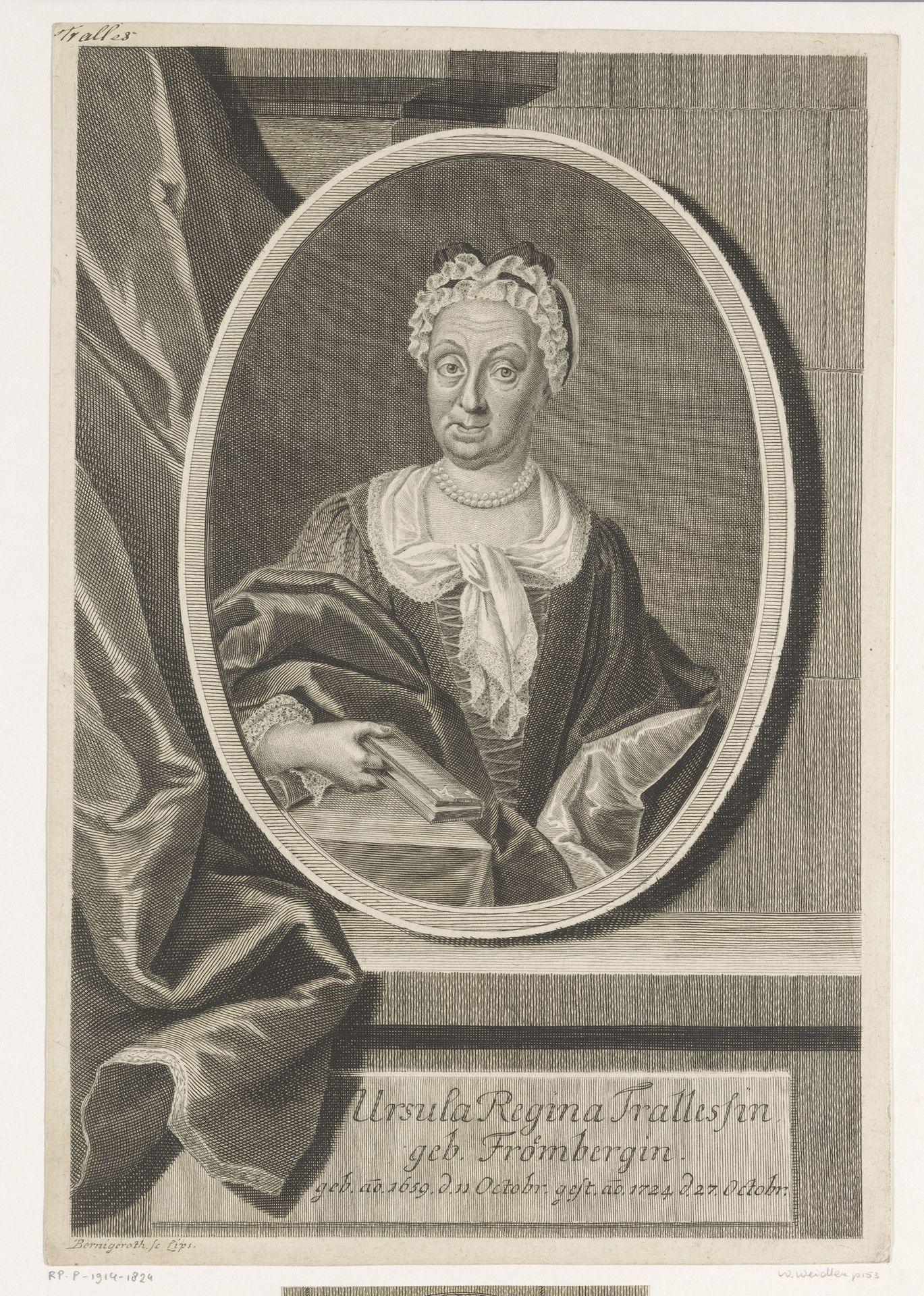 Portret van Ursula Regina Tralles by Martin Bernigeroth