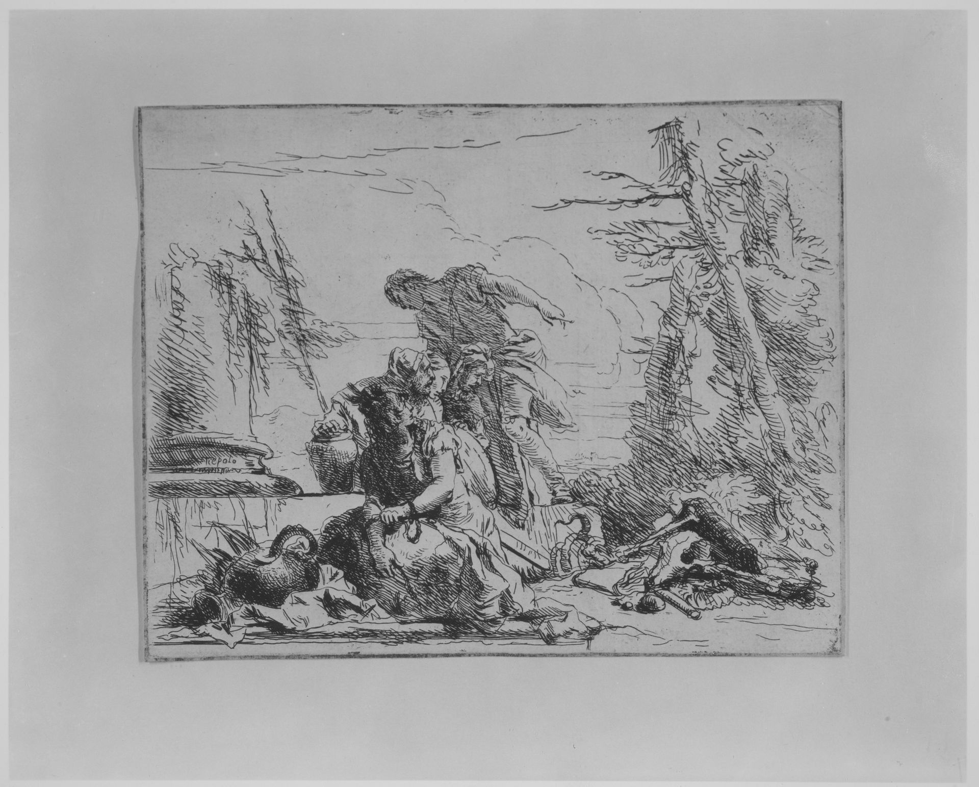 Chained Woman and Other Figures Regarding a Pyre of Bones, from the Capricci by Giovanni Battista Tiepolo