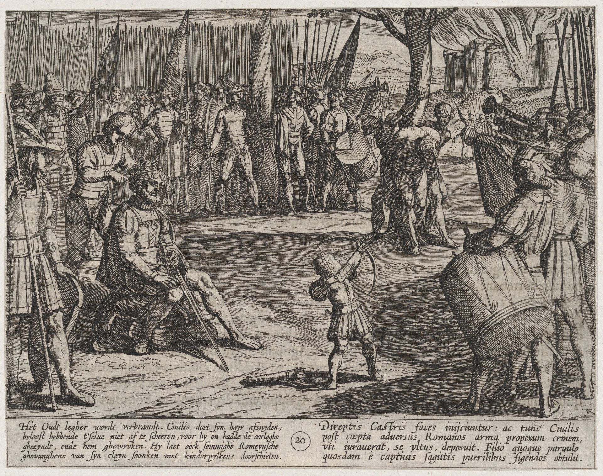 Plate 20: Civilis Having his Hair Cut, from The War of the Romans Against the Batavians (Romanorvm et Batavorvm societas) by Antonio Tempesta
