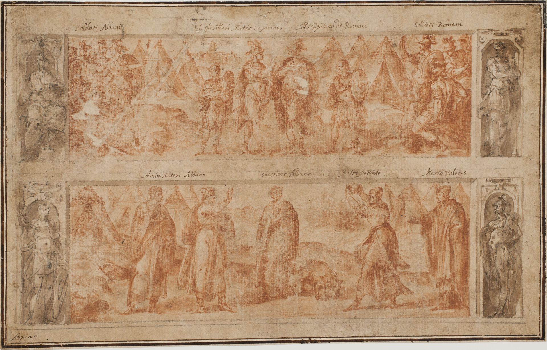 Two friezes, one above the other, with scenes from the early history of Rome by Avanzino Nucci