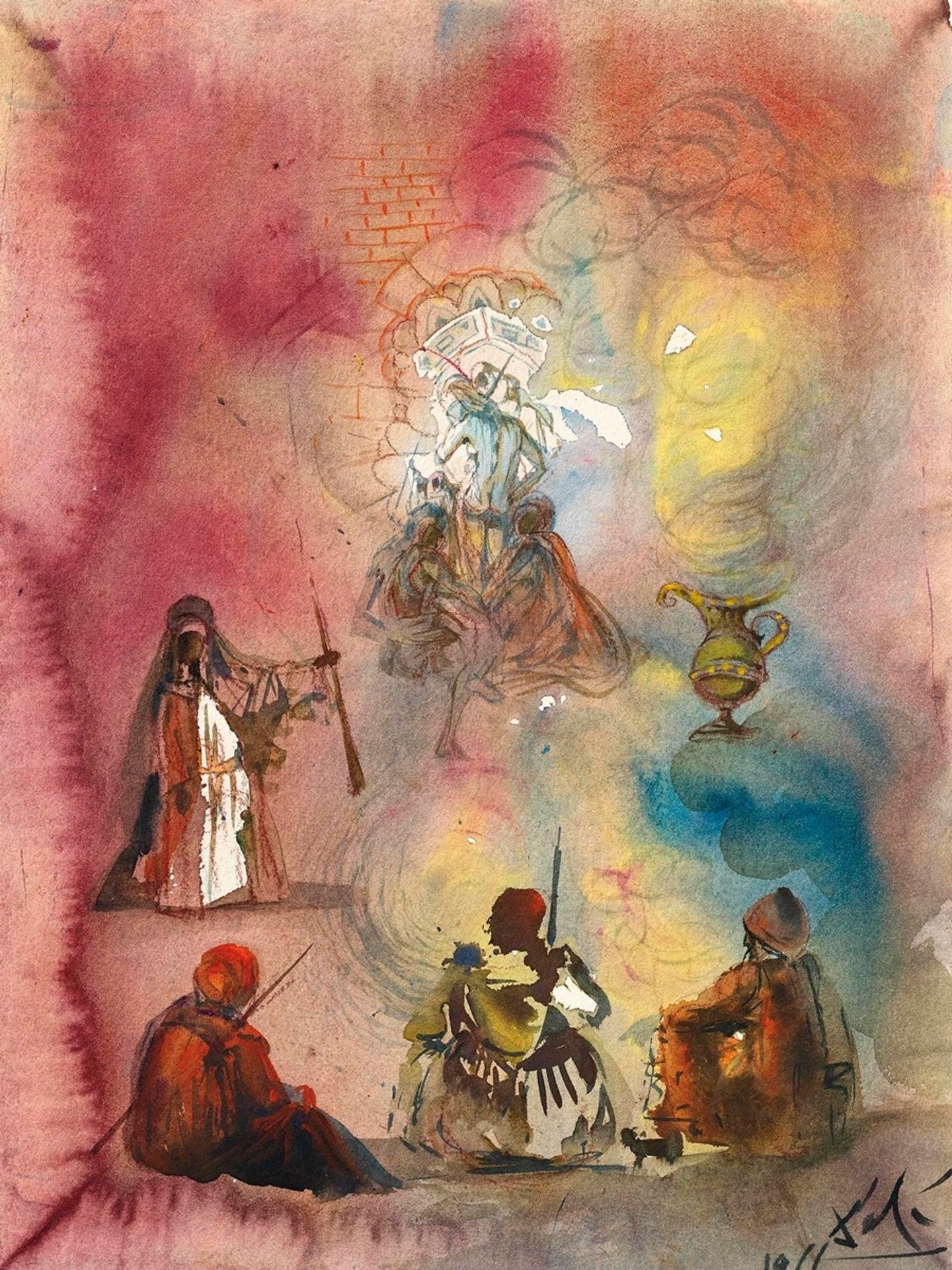 Colonne avec chapiteaux soutenue par trois personnages et une lampe by Salvador Dalí