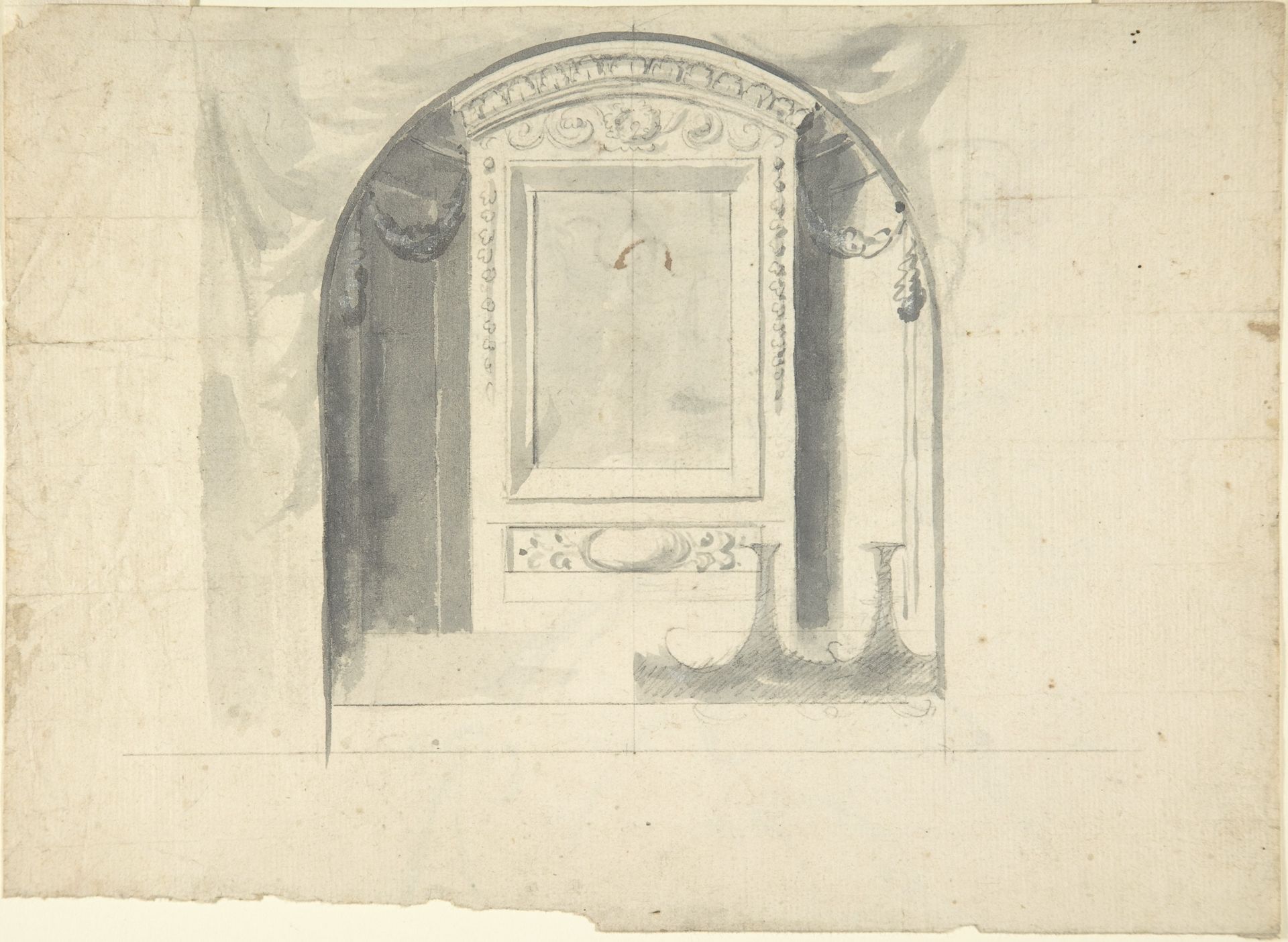 Design for a Chapel or Niche (Recto); Design for Decoration with Putto Head and Rinceau (Verso) by Anonymous