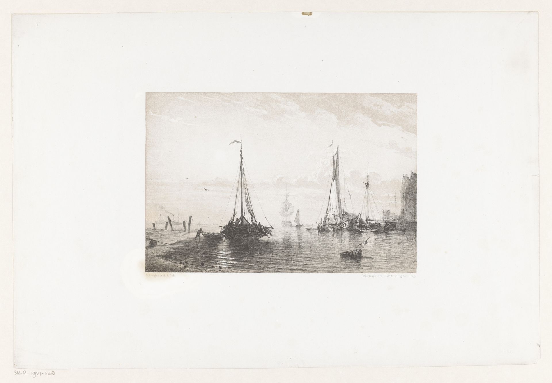 Boten aan het strand en in de haven by Petrus Paulus (I) Schiedges