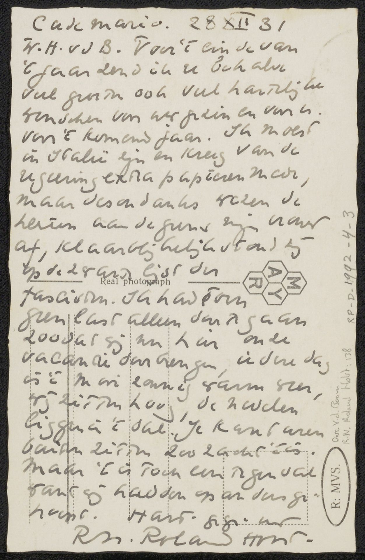 Prentbiefkaart aan A. van der Boom by Richard Nicolaüs Roland Holst