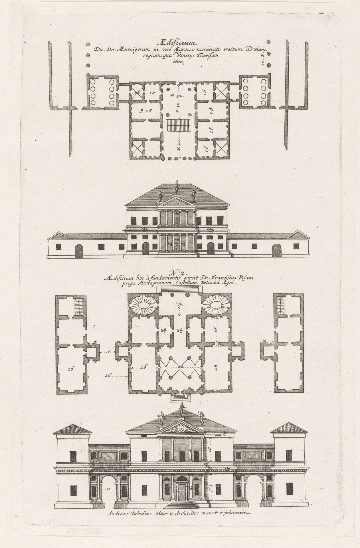 Plattegronden en façades van twee villa's ontworpen door Andrea Palladio by Anonymous