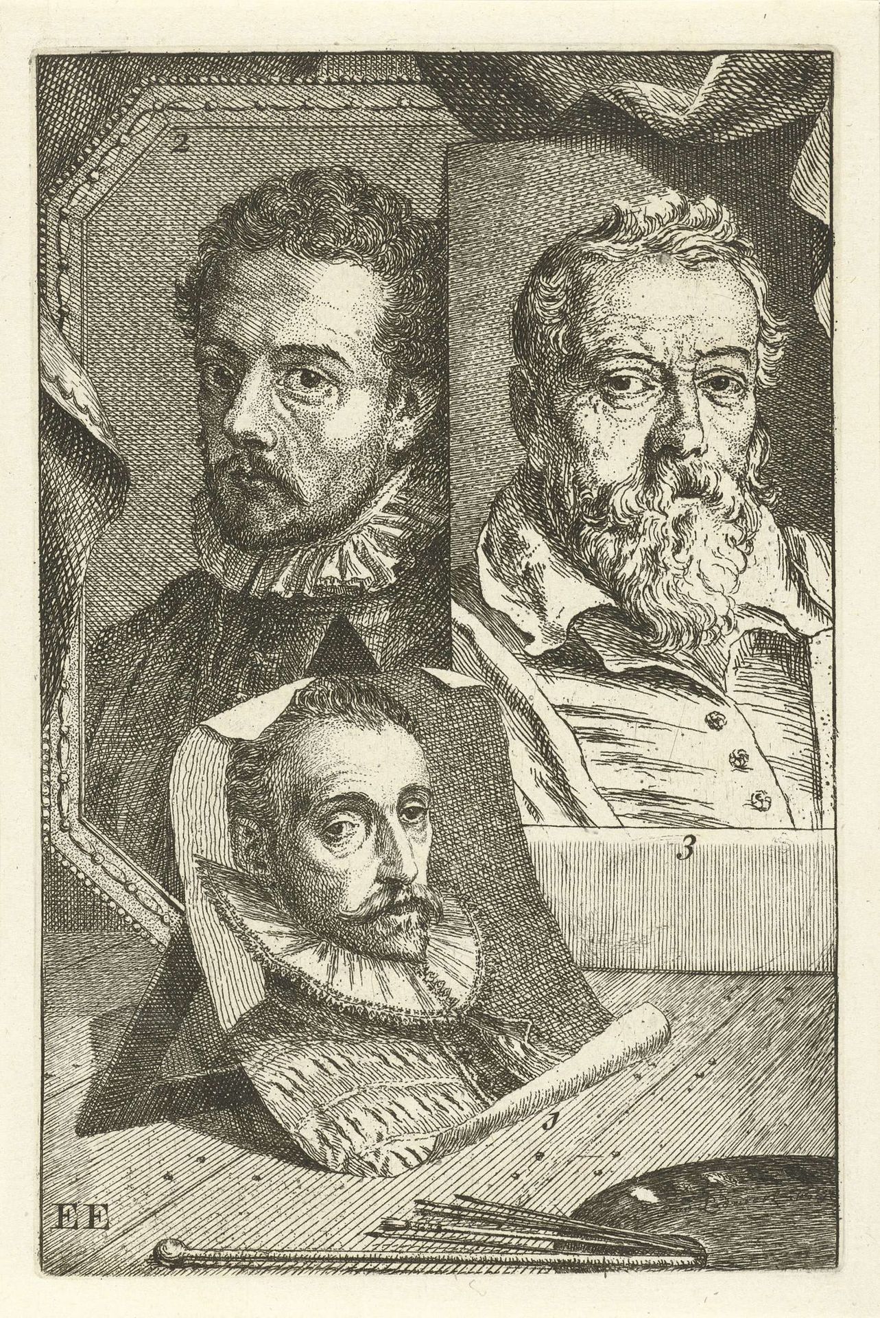 Portretten van Joris Hoefnagel, Frans Francken en Hieronymus Francken by Jan l' Admiral