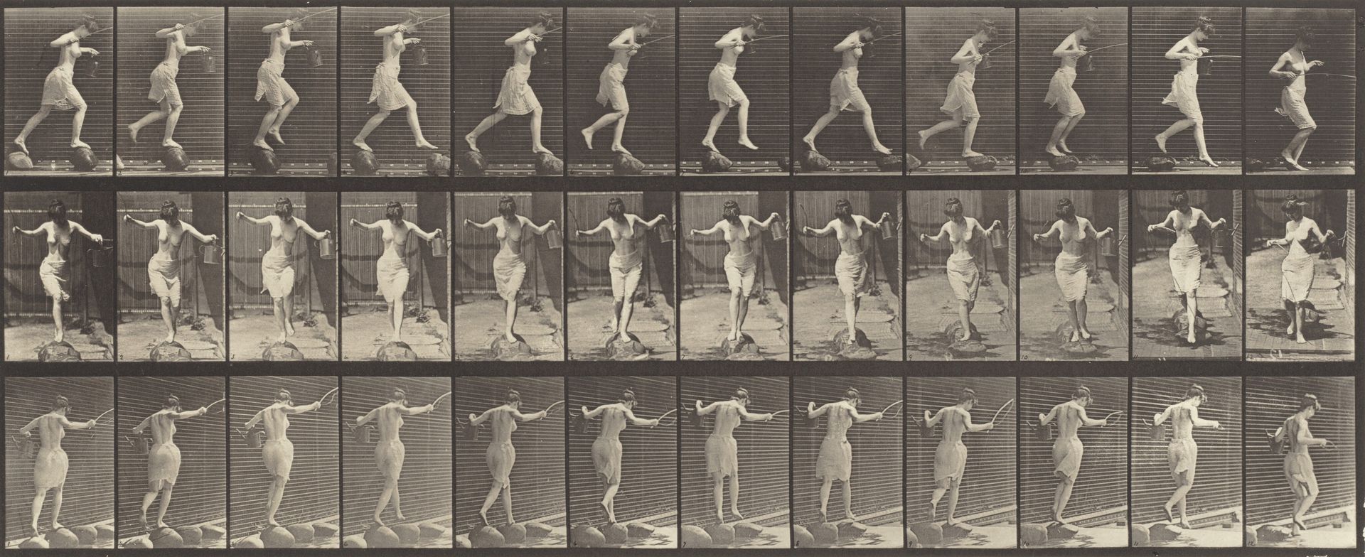 Plate Number 175. Crossing brook on stepping-stones with a fishing pole and can by Eadweard Muybridge