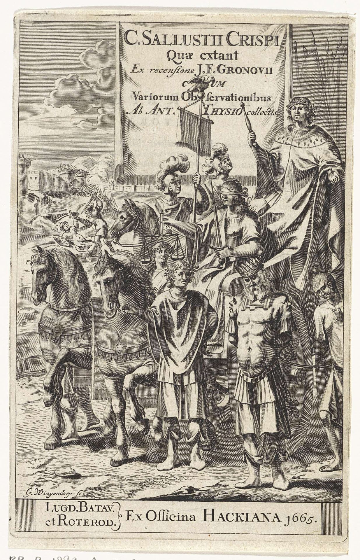 Romeins heerser en Justitia op een strijdwagen by G. Wingendorp