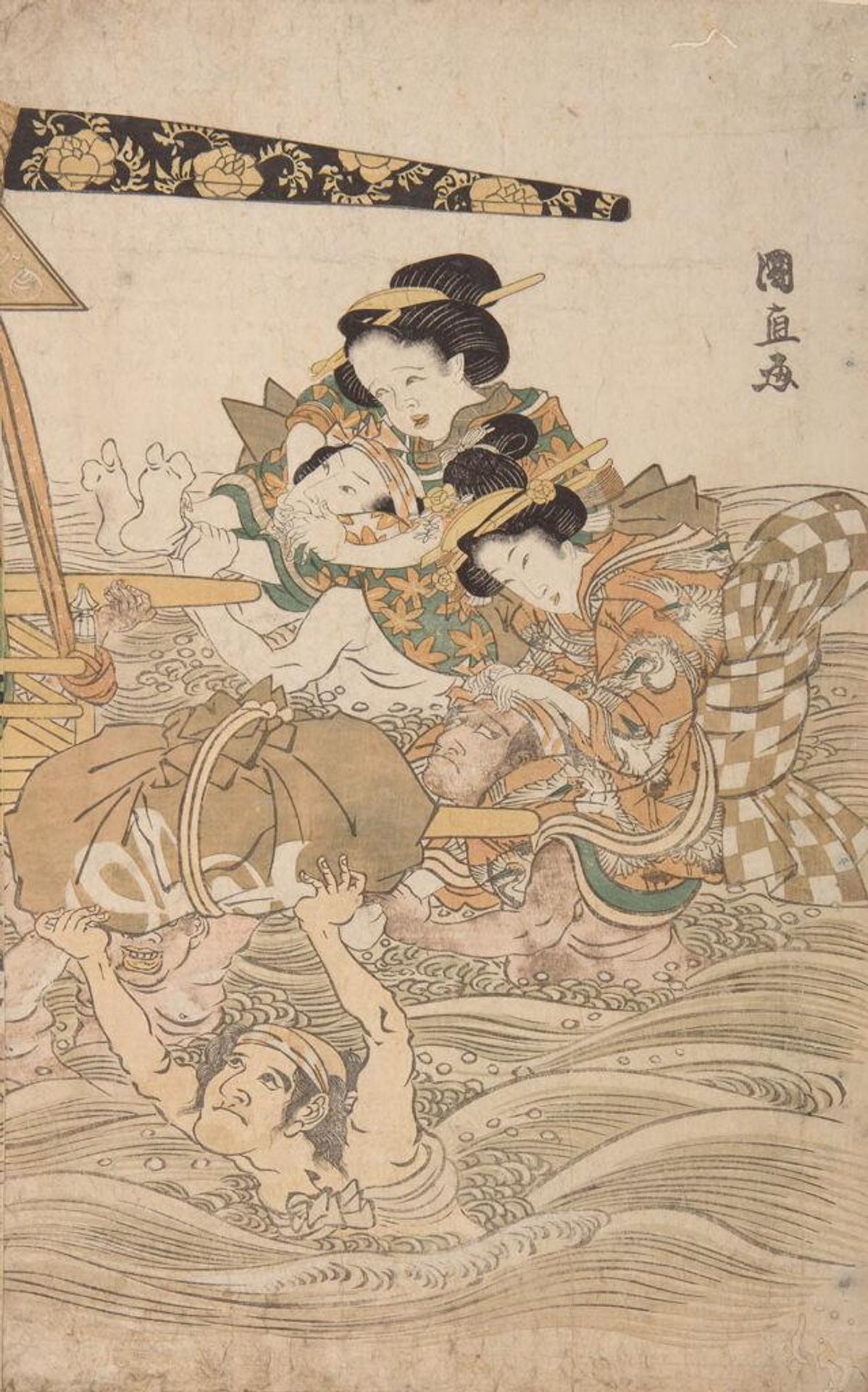 Woman Carried Across Water in Palanquin (Harugeshiki musume dochu) by Utagawa Kuninao