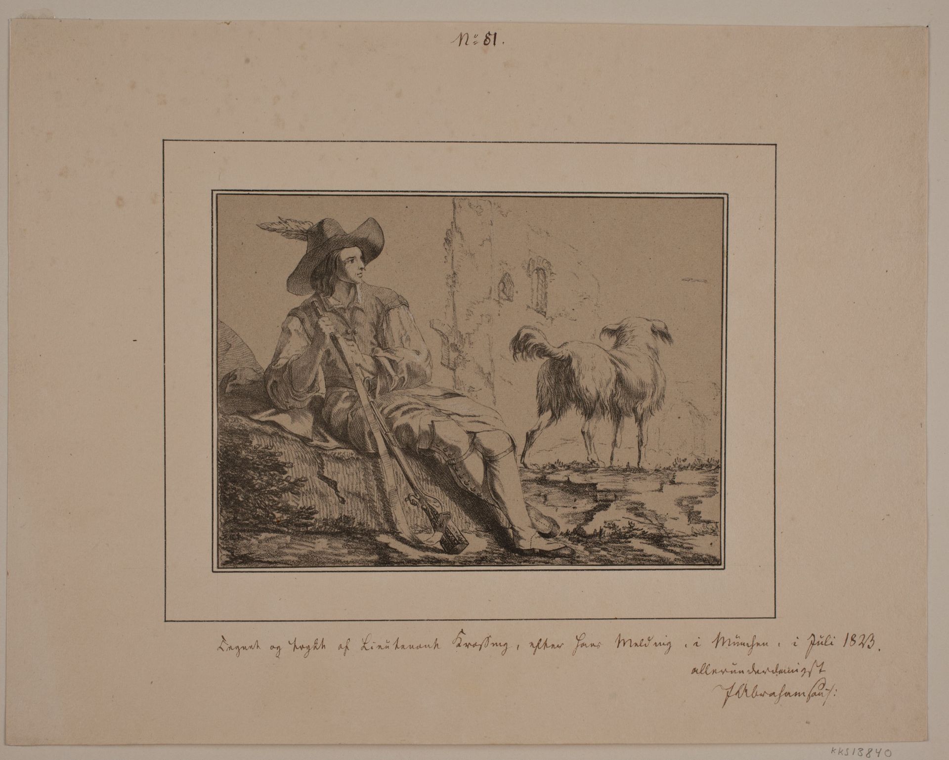 Siddende jæger og en hund by N.B. Krossing