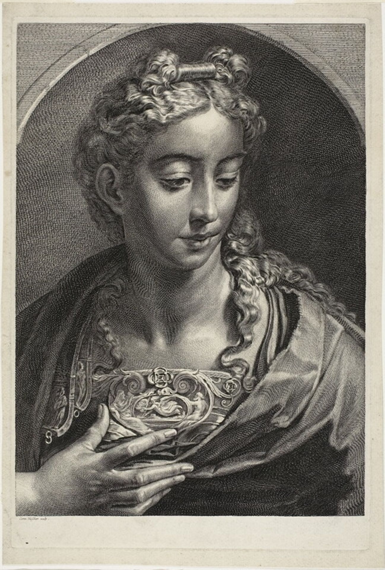 Athena, from Cabinet Reynst; Variarum imaginum a celeberrimis artificibus pictarum Caelaturae (Cabinet Reynst: Engravings of various images painted by famous artists) by Cornelis Visscher