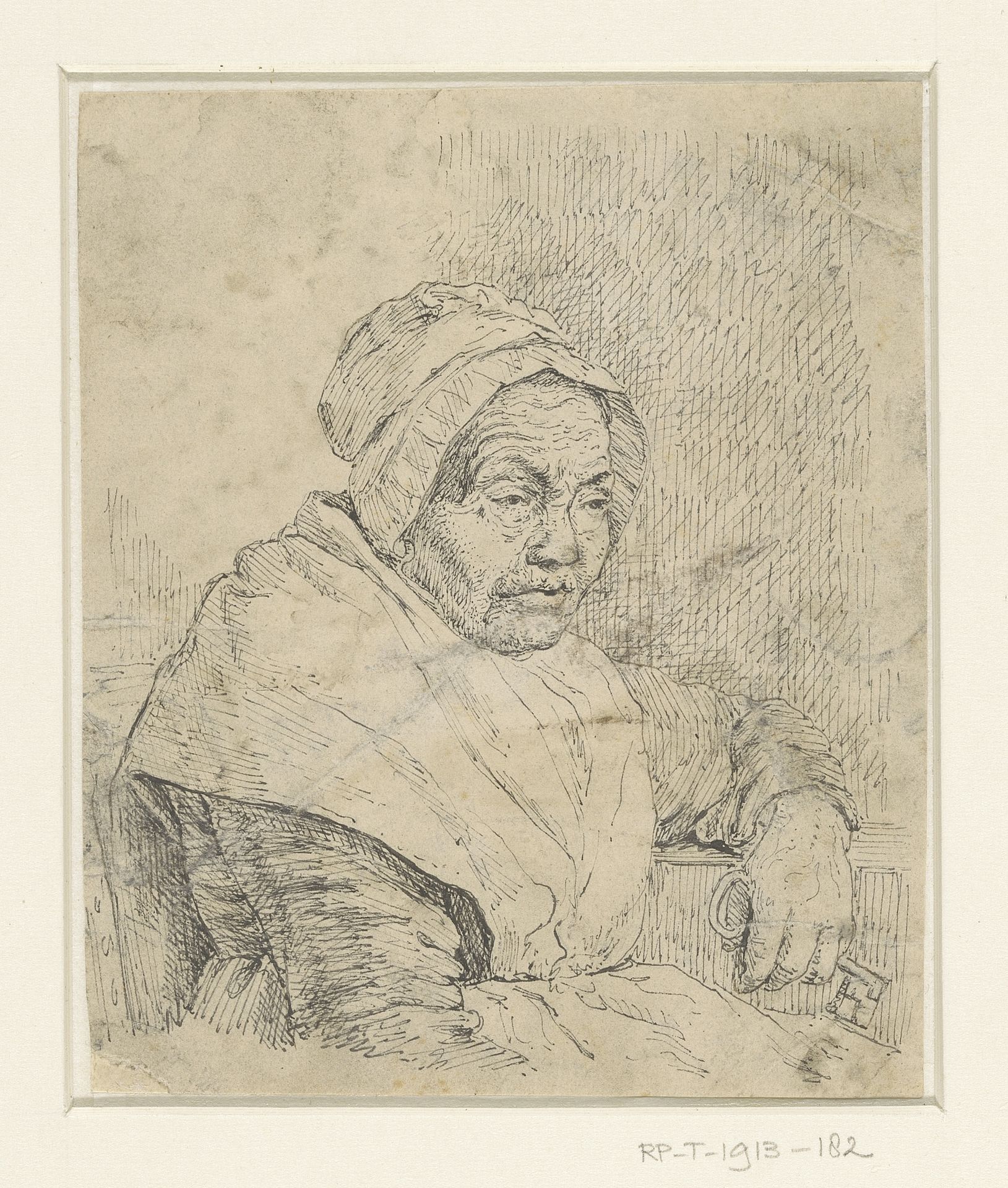 Oude vrouw met sleutel in de linkerhand by Pieter Christoffel Wonder