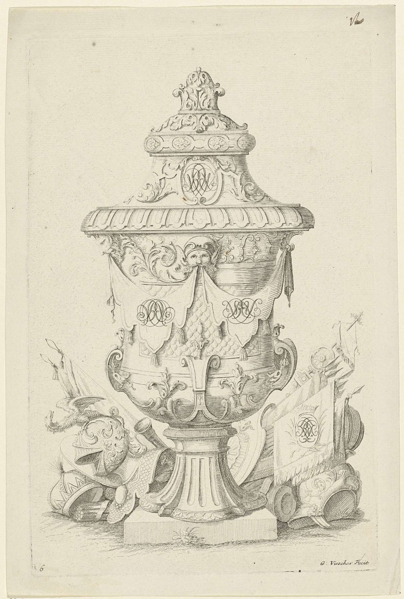 Tuinvaas met monogrammen en op de grond wapentuig by Gerrit Visscher