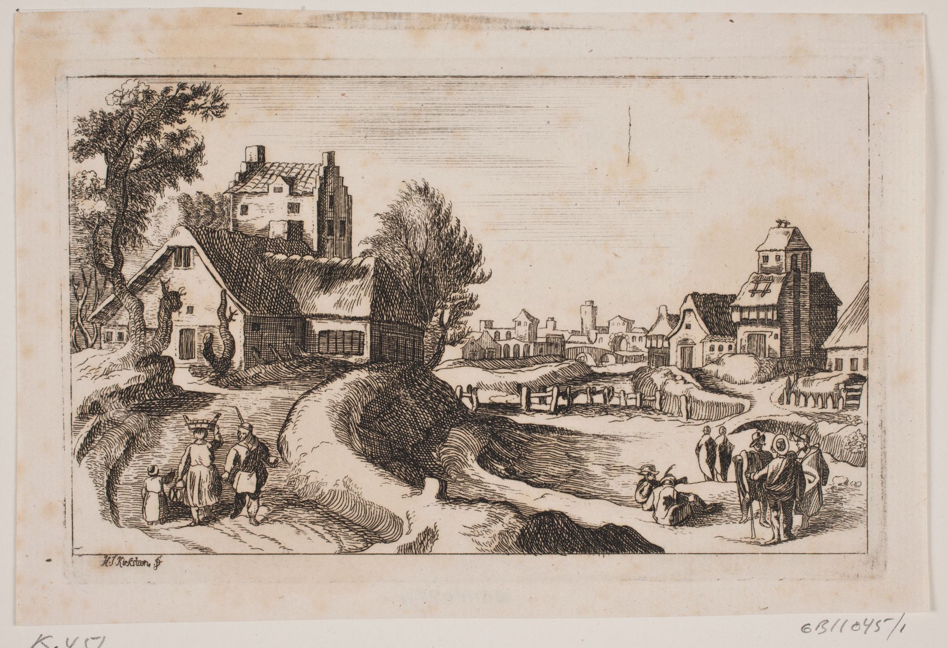 Landsby. Til venstre en vej med en kvinde med kurv på hovedet og et lille barn ved sin side by Hans Jørgen Kirksteen