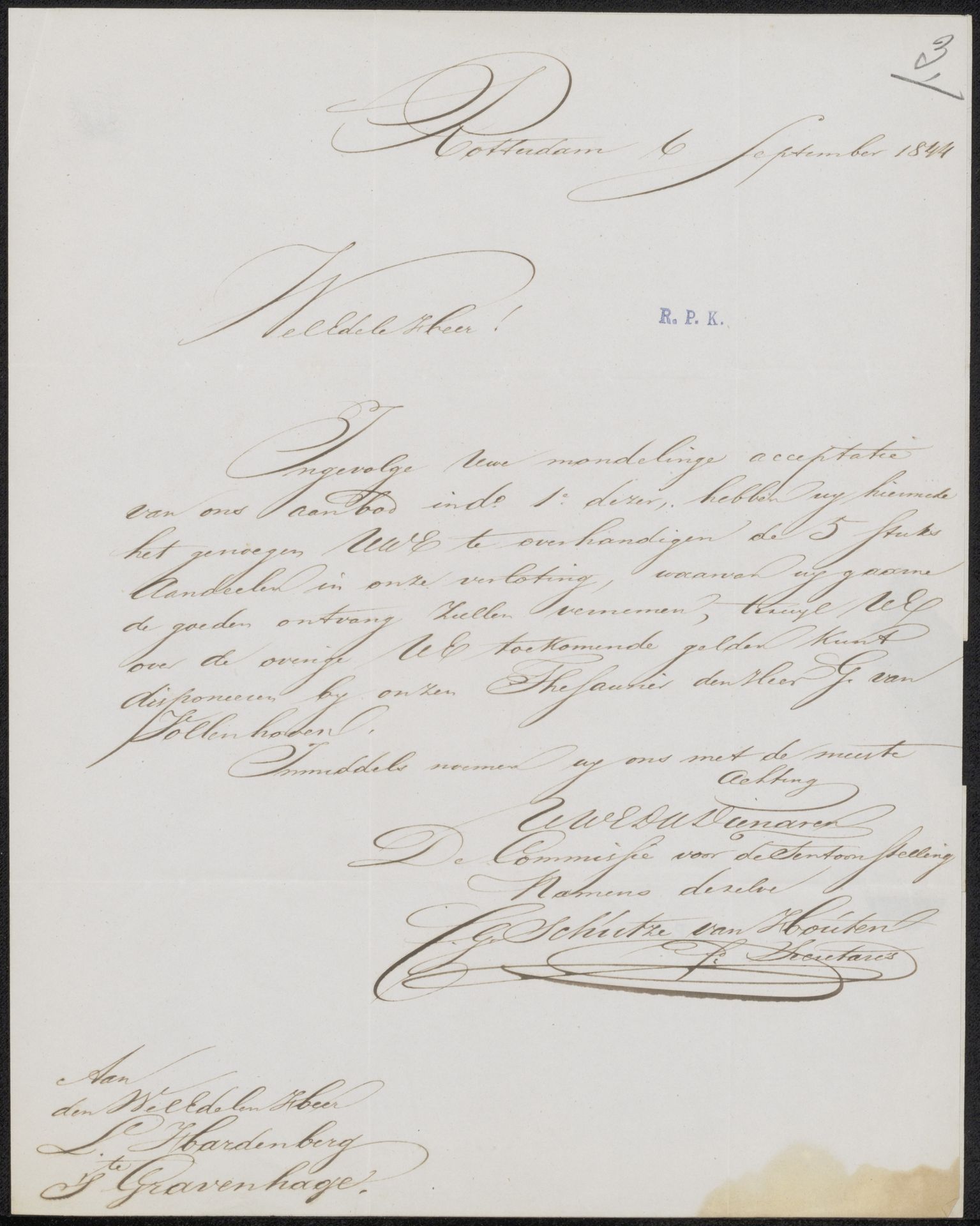Brief aan Lambertus Hardenberg (1822-1900) by Christiaan Godfried Schutze van Houten