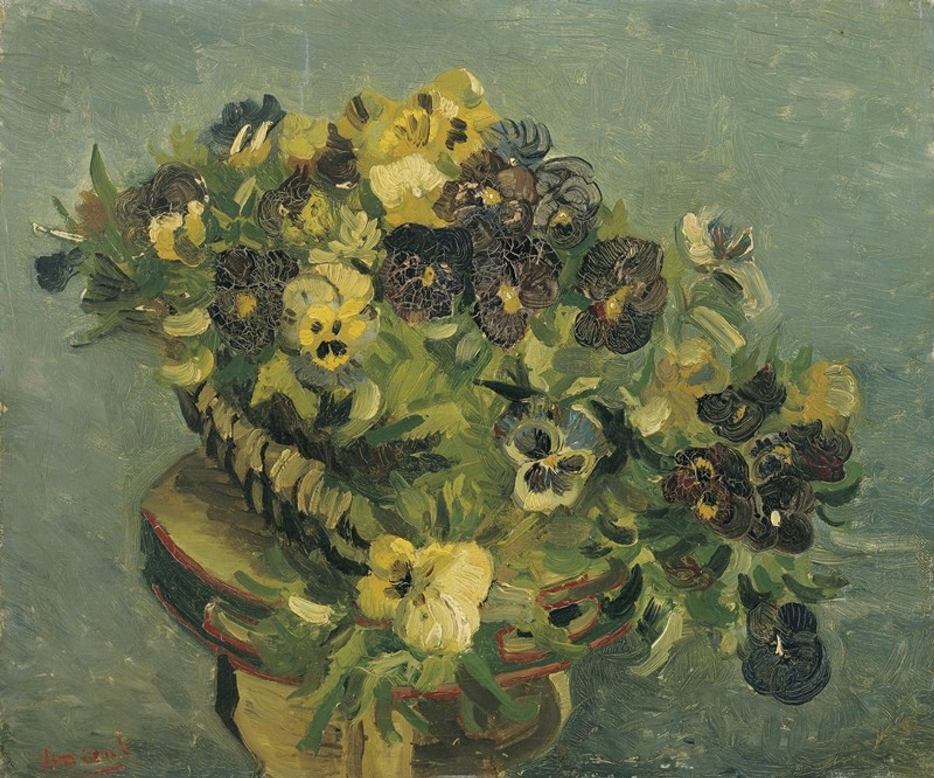 Basket of pansies on a small table by Vincent van Gogh