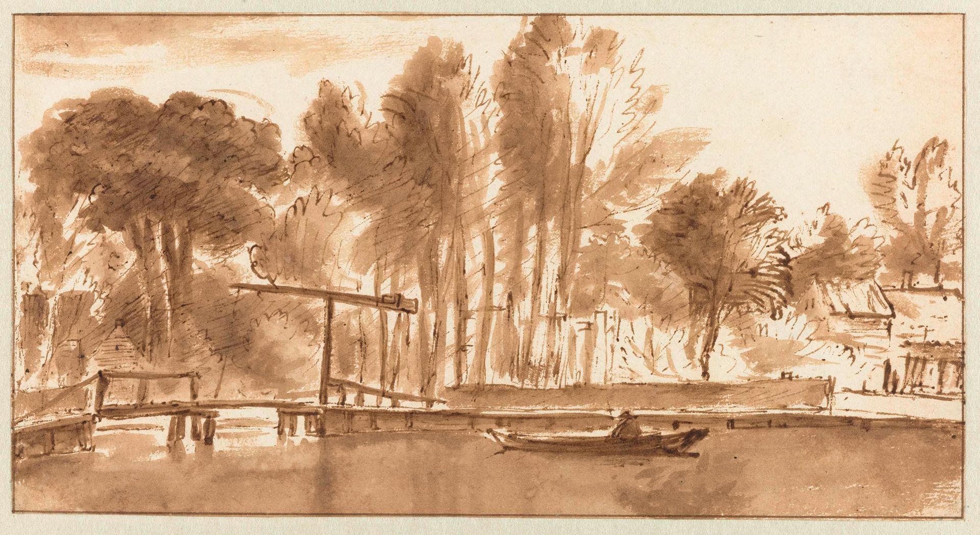 Bebost rivierlandschap met ophaalbrug by Anthonie van Borssom