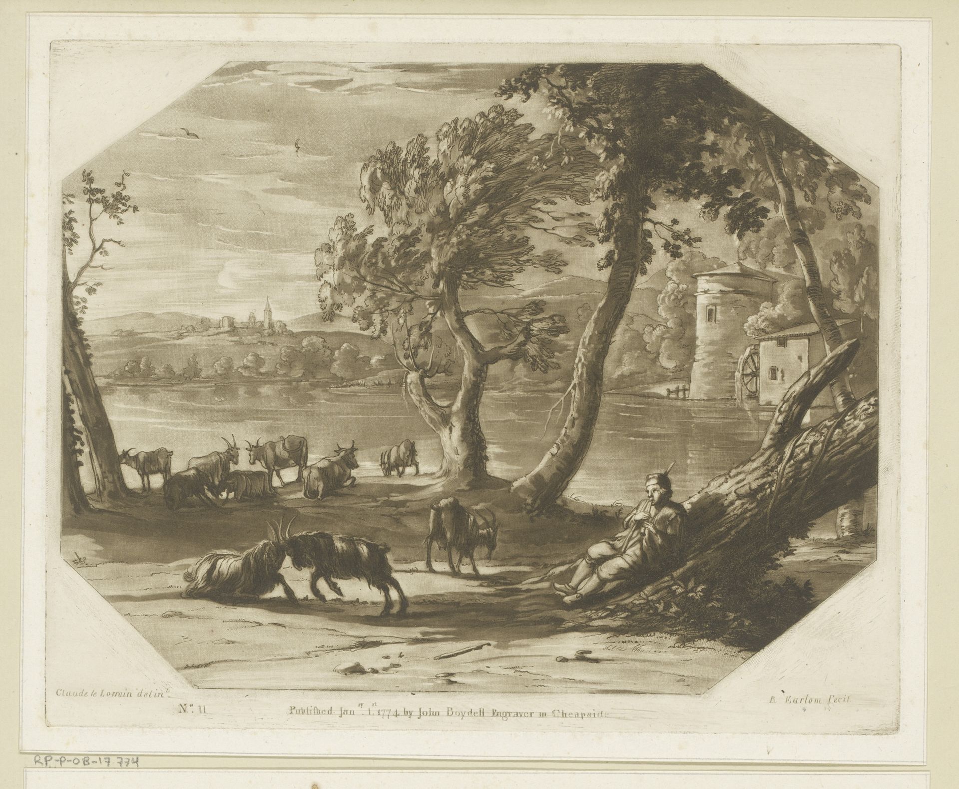 Landschap met herder en vee aan de oever van een rivier by Richard Earlom