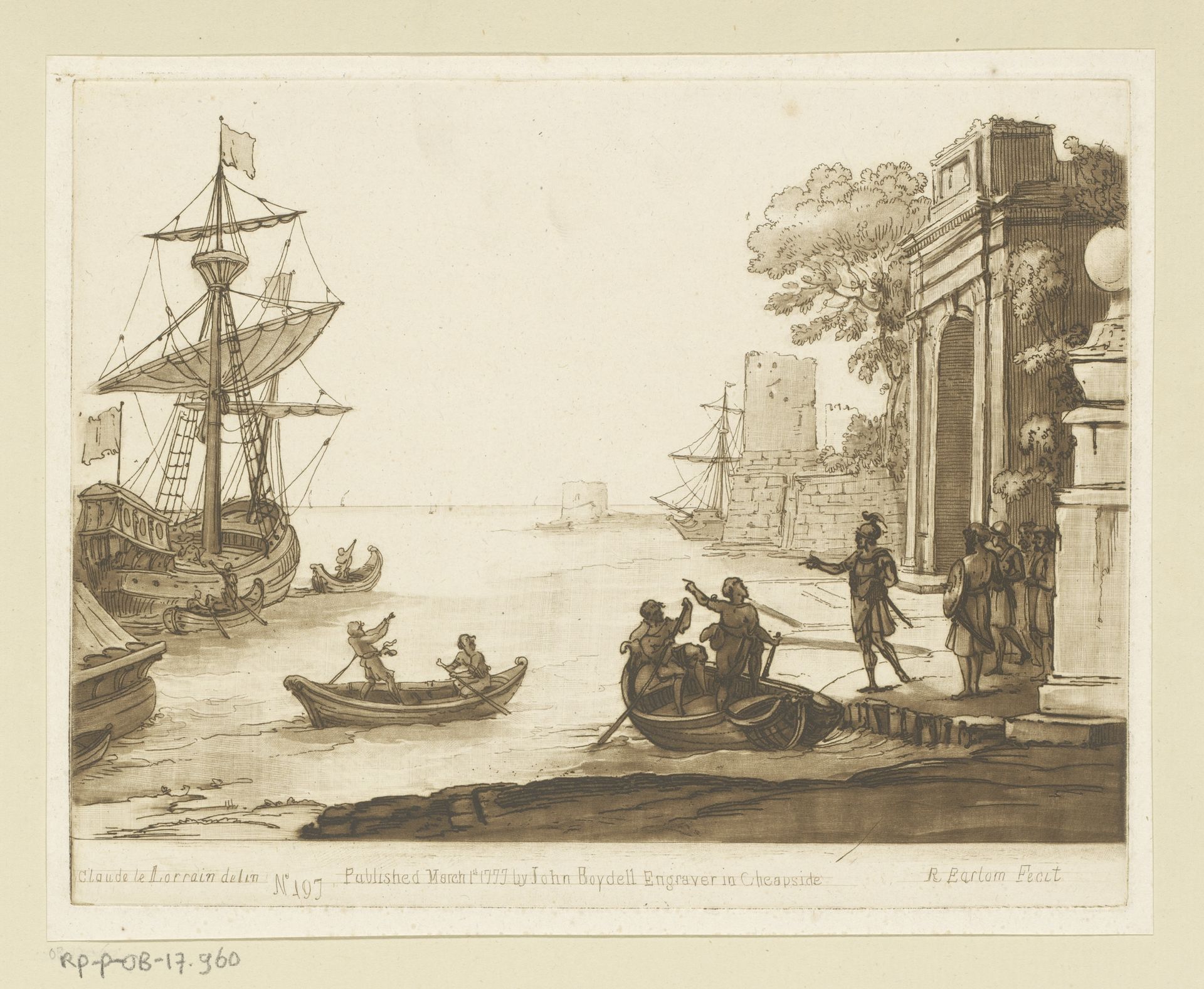 Zeehaven met triomfboog en inscheping van een soldaat by Richard Earlom
