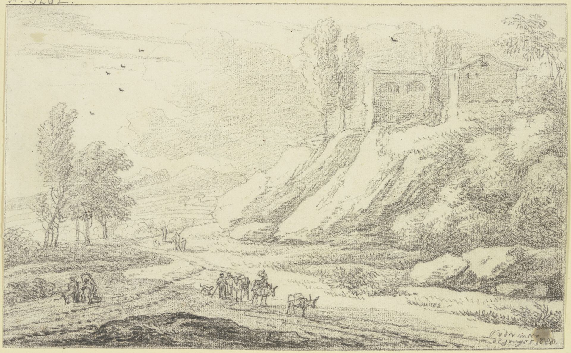 Rechts am Weg Hügel mit Gebäuden, auf demselben Eselstreiber und andere Figuren by Jan Vermeer van Haarlem d. Ä.