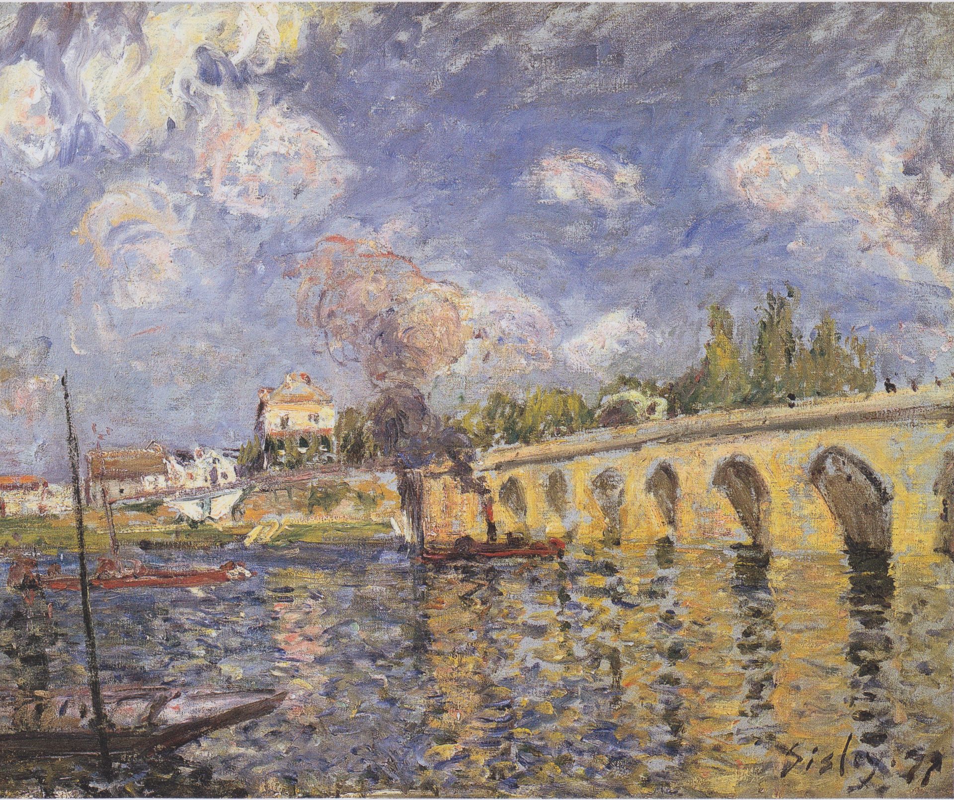 River steamboat and bridge by Alfred Sisley