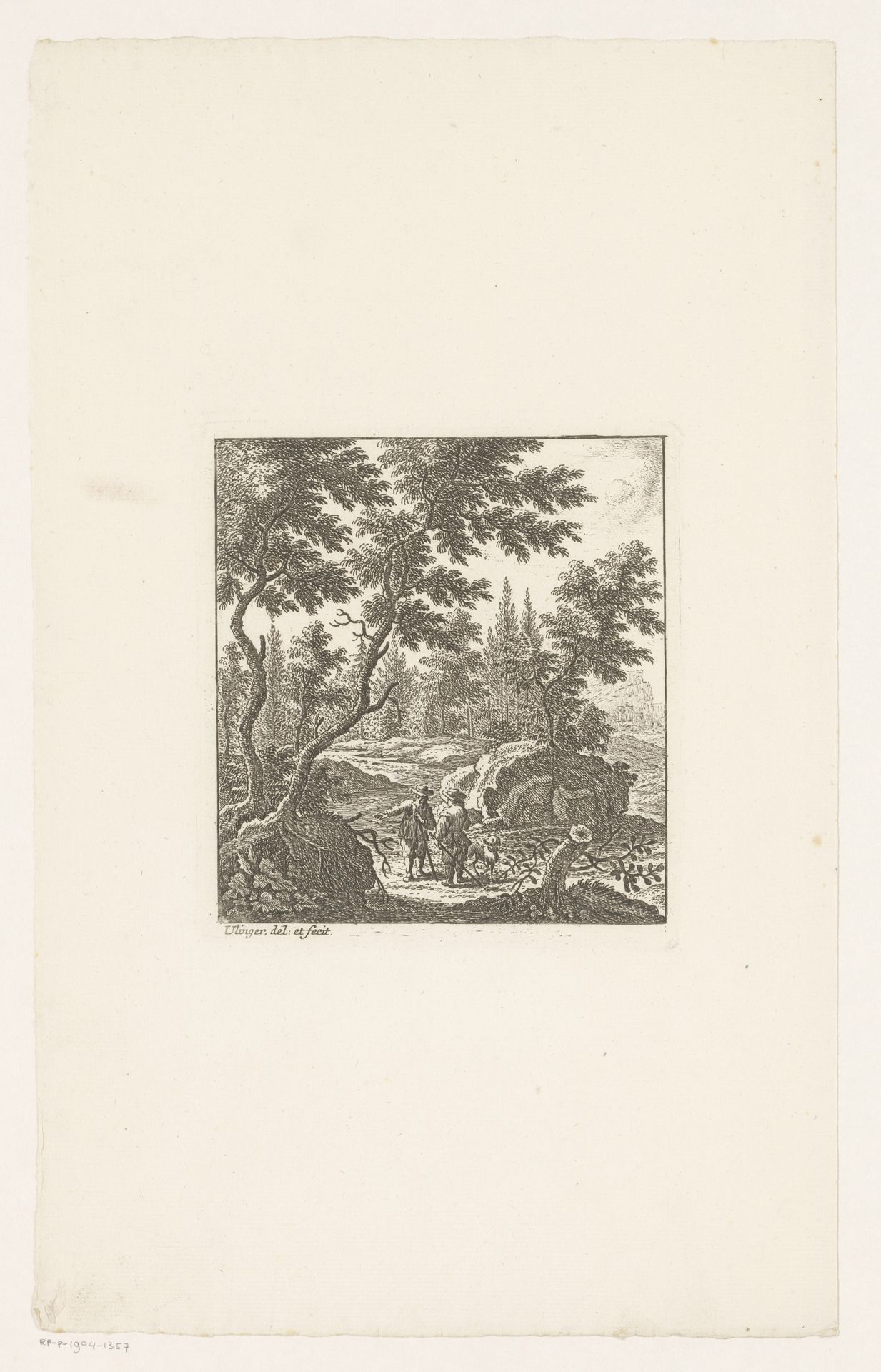 Bosrijk landschap met twee mannen en een hond by Johann Caspar Ulinger