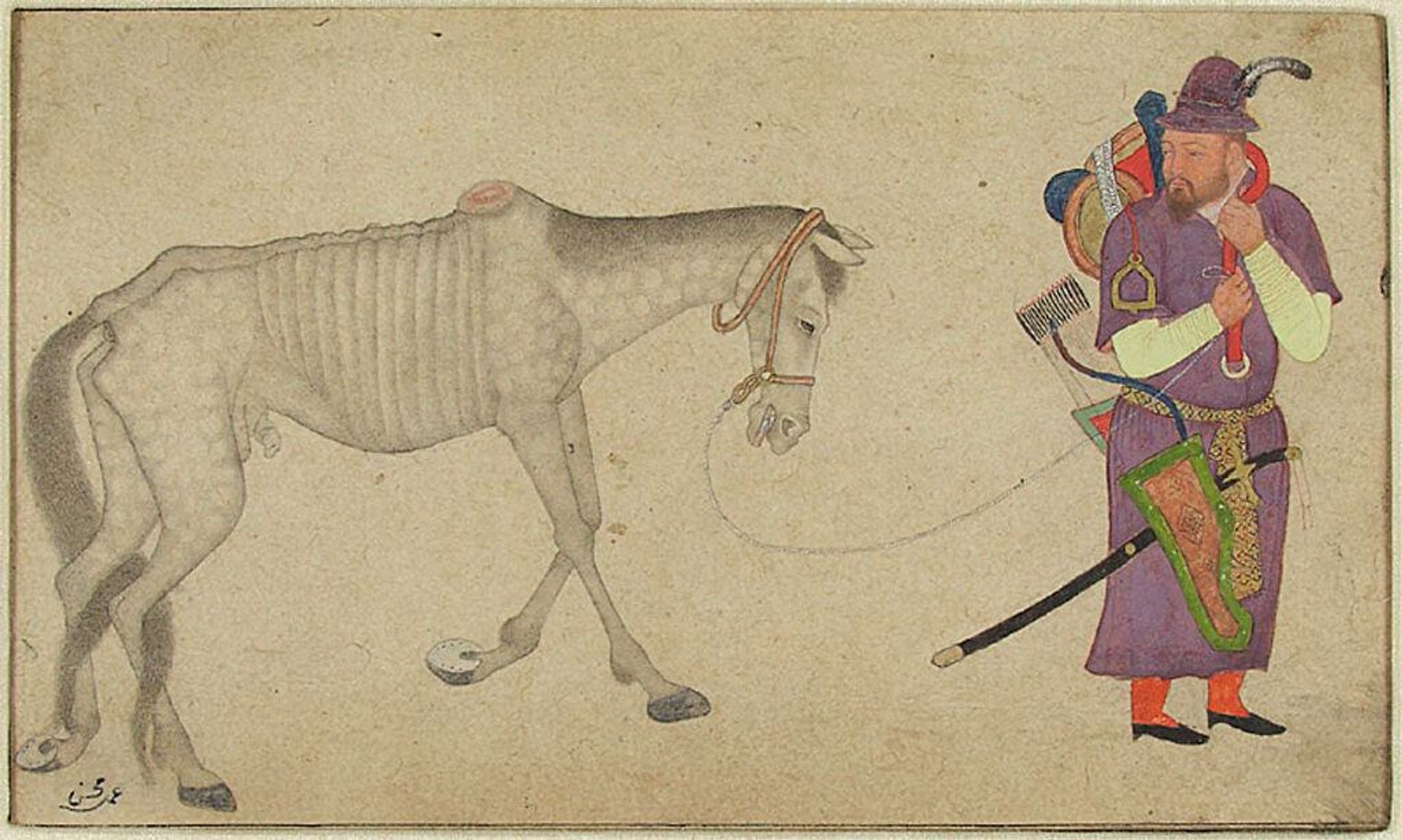A Turkman Warrior Leading an Emaciated Horse by Attributed to Muhsin