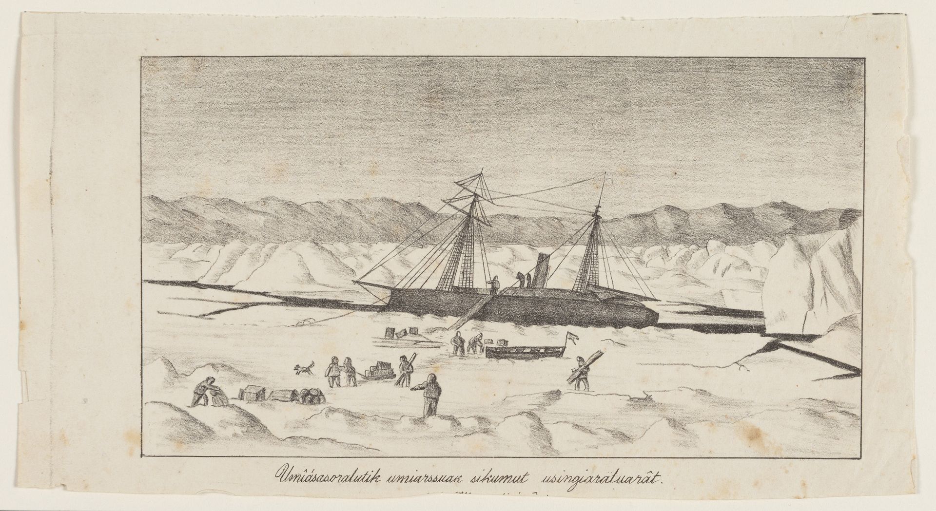 Tomastet skib liggende i en rende i et tilfrosset hav ("Usnîásasoralutik umiarssuaK sikumut usingiarätuarât") by Lars Møller