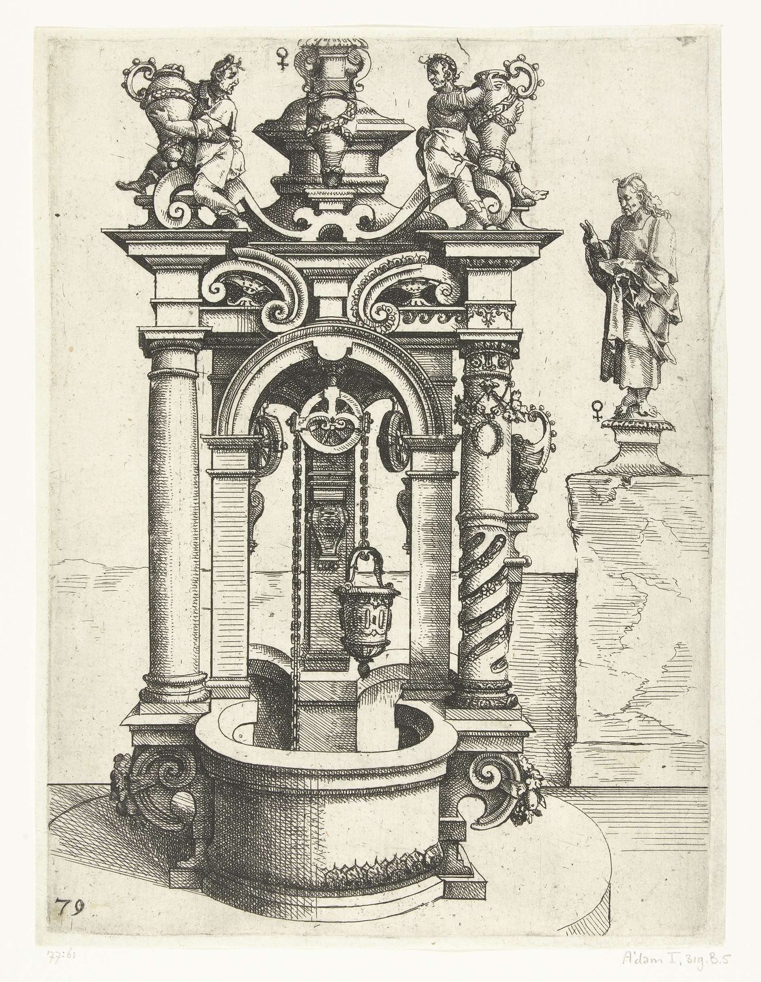 Put met een bekken in de vorm van een driepas en drie katrollen by Wendel (I) Dietterlin