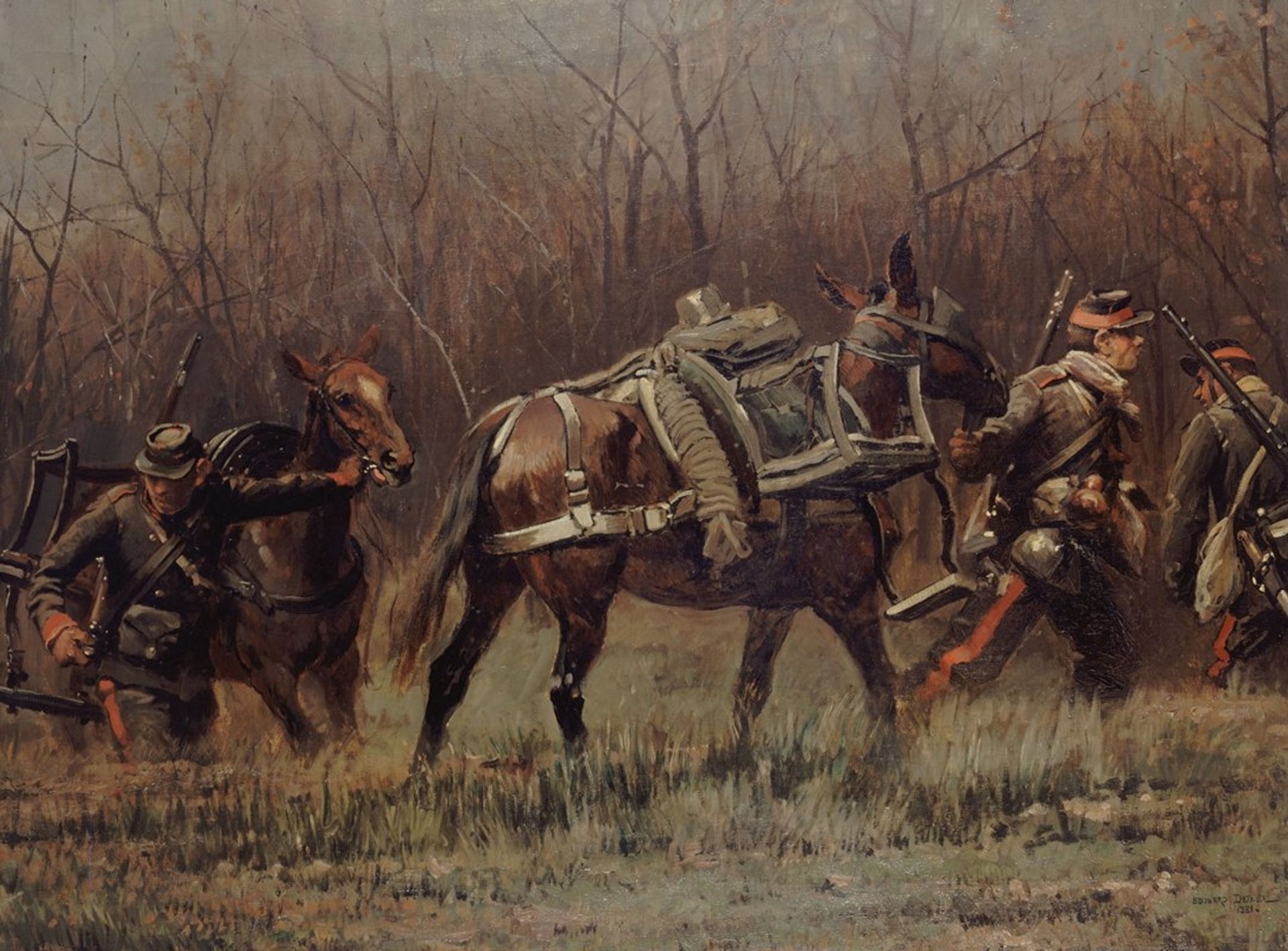 Scène militaire; mobiles conduisant des mulets d’ambulances by Jean-Baptiste Édouard Detaille
