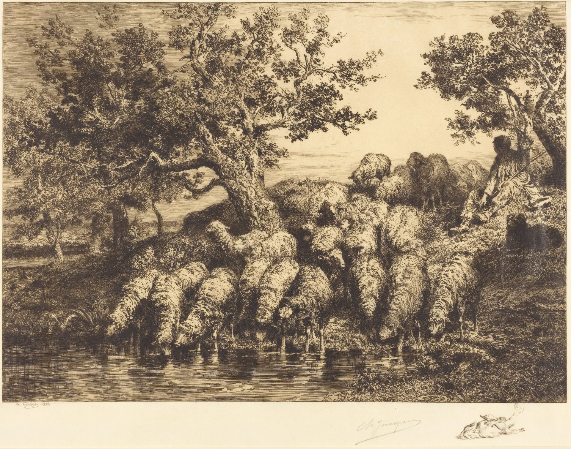 Sheep at the Watering Place (Abreuvoir aux moutons) by Charles Jacque