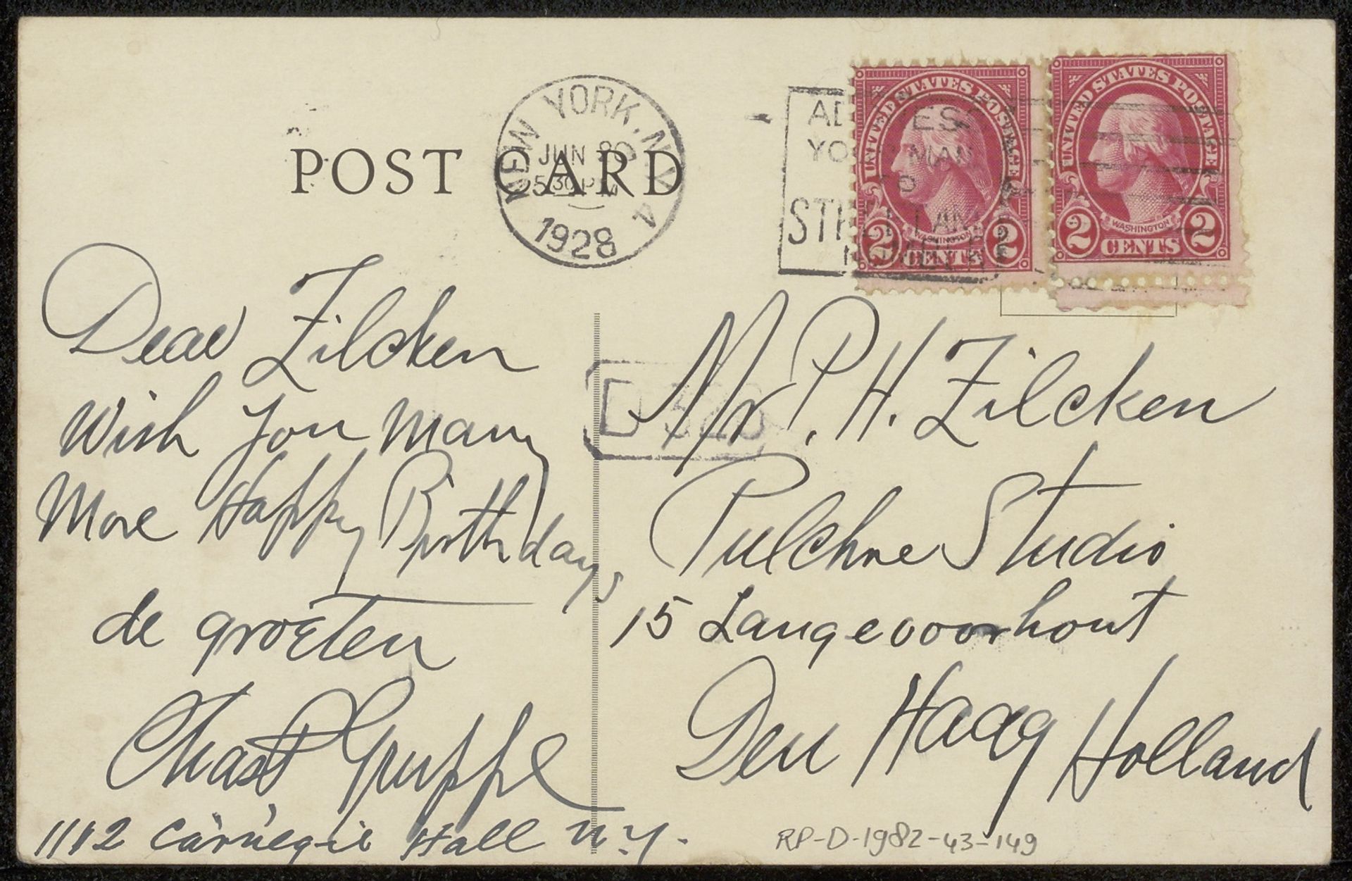 Prentbriefkaart aan Philip Zilcken by Charles Paul Gruppé