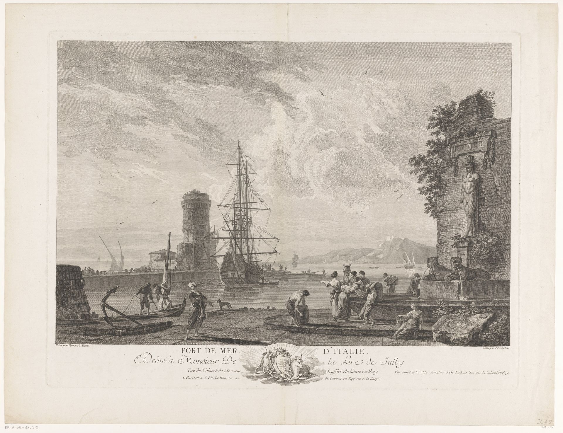 Havengezicht met figuren bij een fontein by Jacques Philippe Le Bas