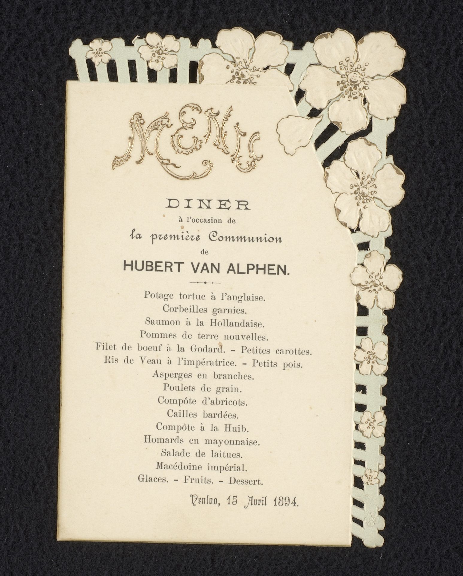 Menu van het diner ter ere van de eerste heilige communie van Hubert van Alphen by Anonymous
