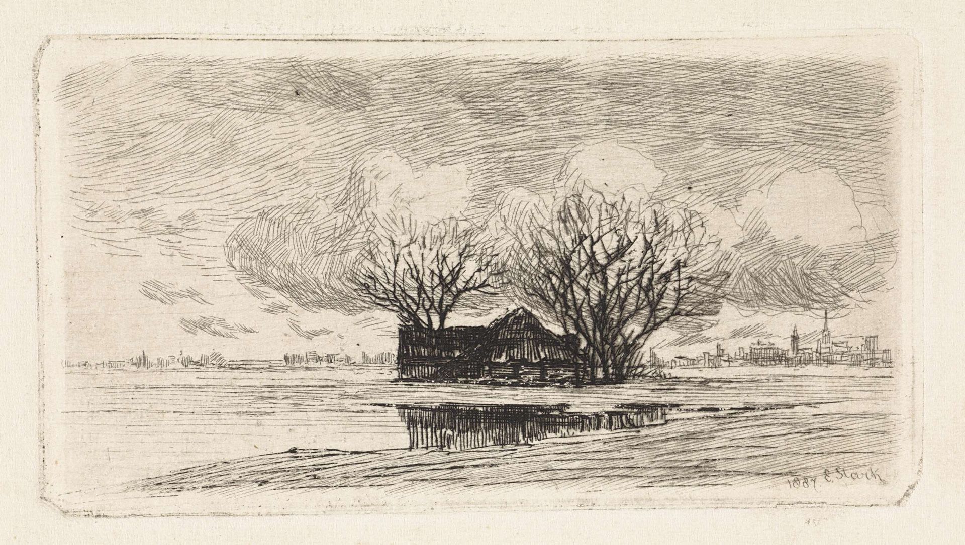 Boerderij onder twee bomen met aan de horizon een stad by Elias Stark
