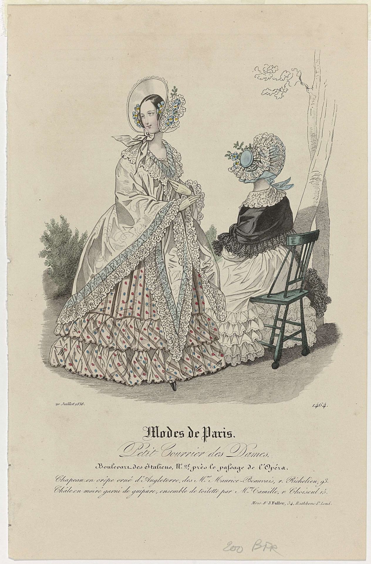 Petit Courrier des Dames, 20 juillet 1838, No. 1464 : Chapeau en crêpe orné d'Angleterr (...) by Anonymous