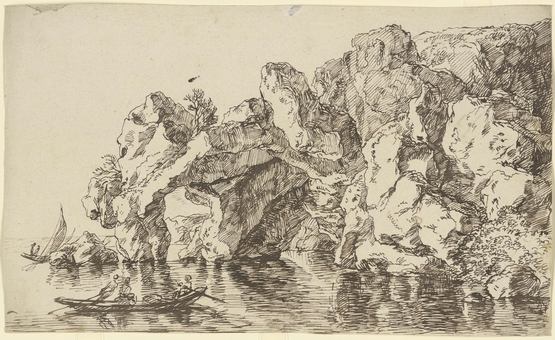 Felsentor am Meer, umgeben von Segel- und Ruderbooten by Franz Kobell