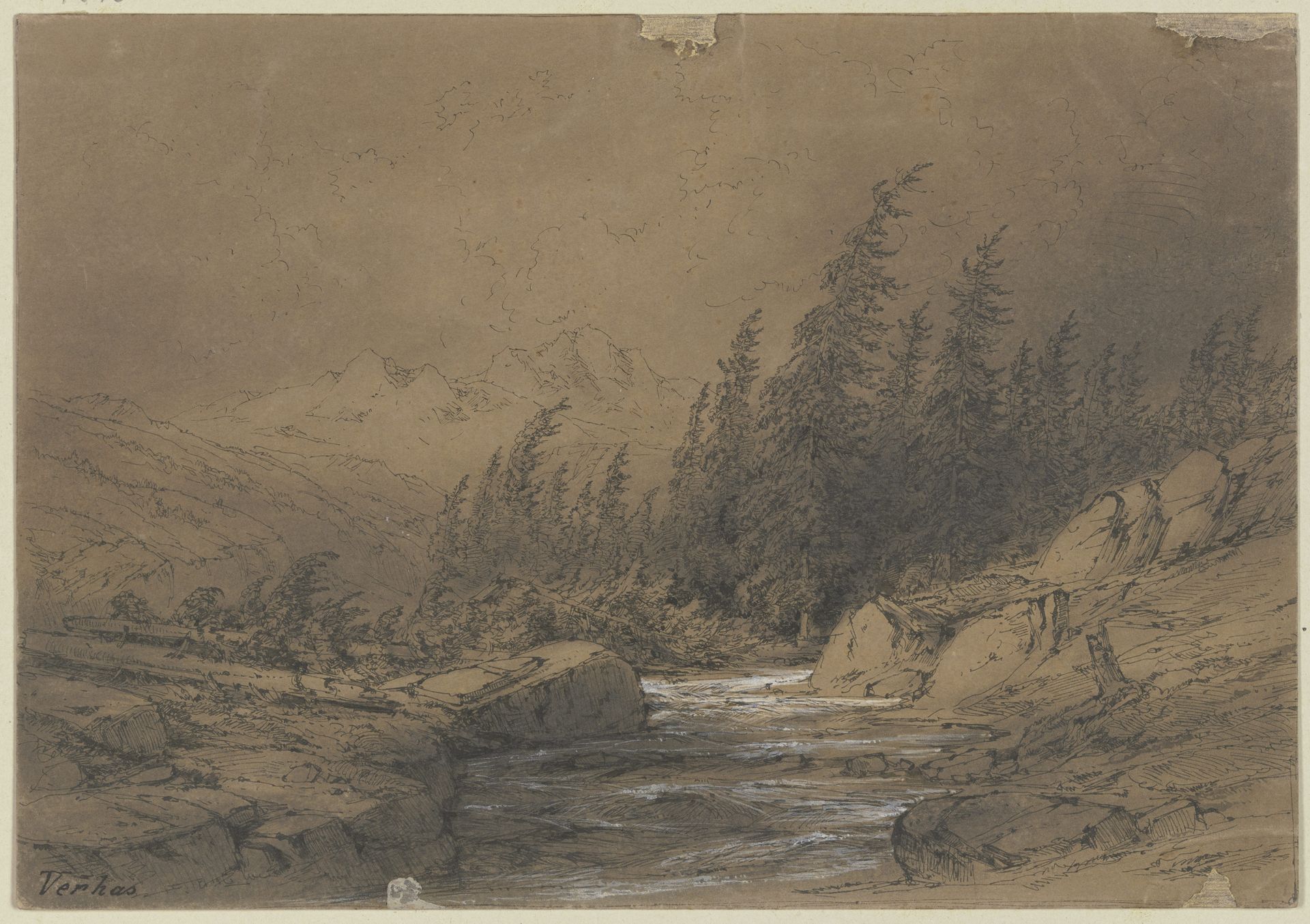 Bach im Hochgebirge mit Tannenwald in starkem Wind by Theodor Verhas