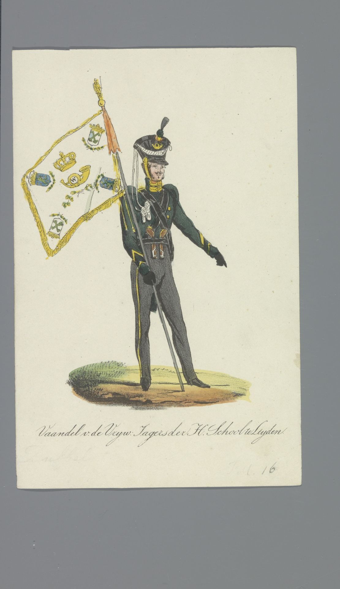 Vaandel v. de Vrijw: Jagers der H. school te Leyden by Albertus Verhoesen