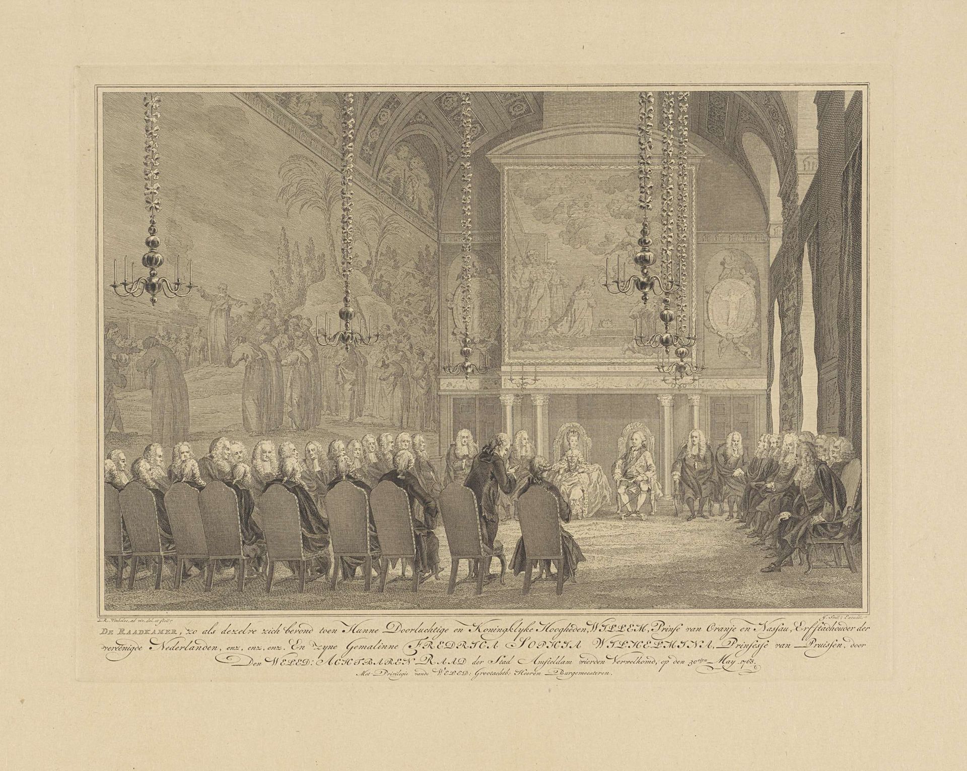 Willem V en Wilhelmina van Pruisen ontvangen door de raad, 1768 by Reinier Vinkeles