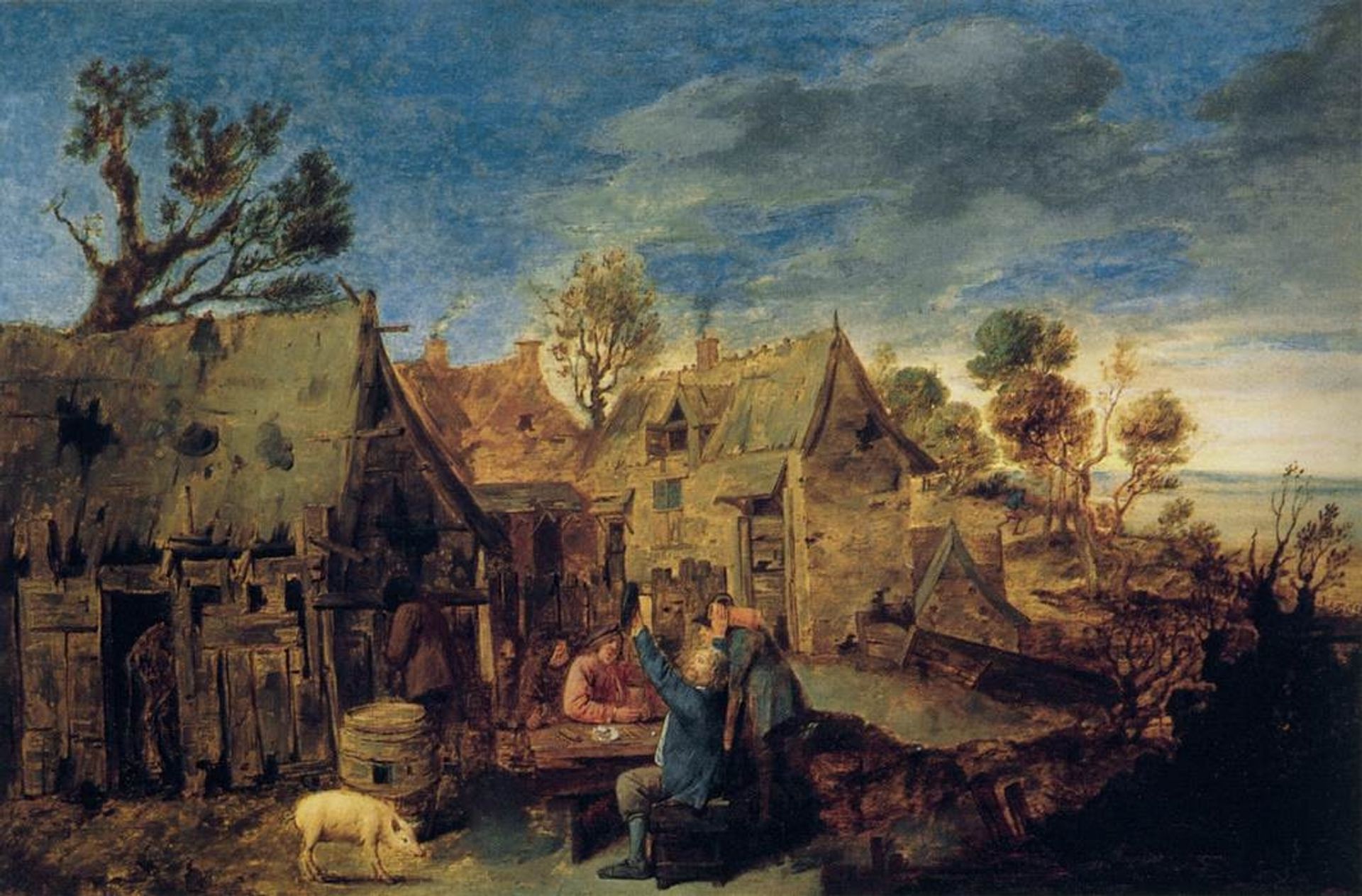 Village Scene with Men Drinking by Adriaen Brouwer