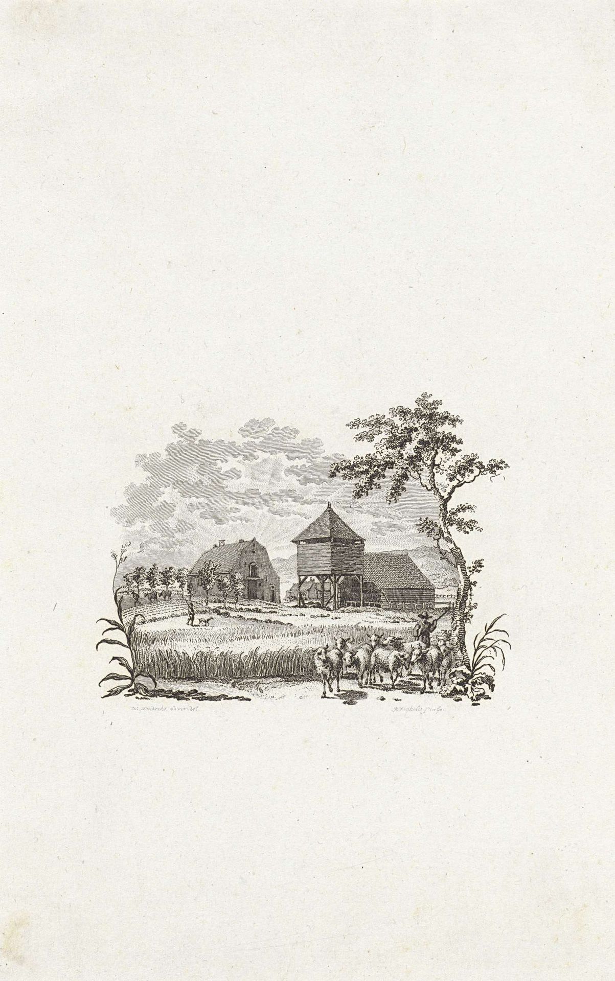 Herder wandelt met zijn schapen langs een boerderij by Reinier Vinkeles